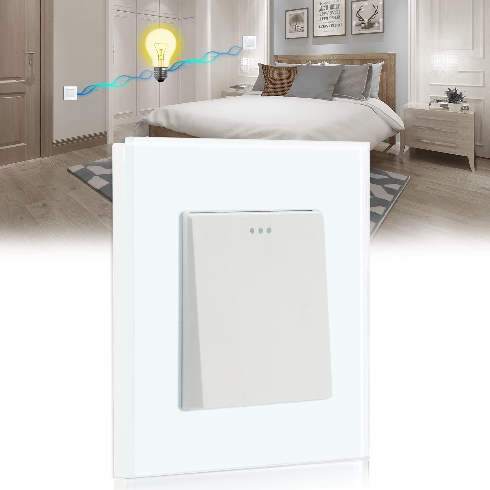 BSEED Interruptor de luz 1 Gang 2 Vías,Interruptor conmutador con marco de cristal,10 Amp Blanco Interruptor de luz de botón pulsador,Interruptor de palanca 86mm
