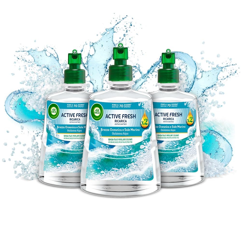 Air Wick Active Fresh Deodorante per Ambienti, Ricarica per Diffusore Spray Automatico senza Gas alla fragranza Brezza Marina e Magnolia, 228 ml (Confezione da 3)