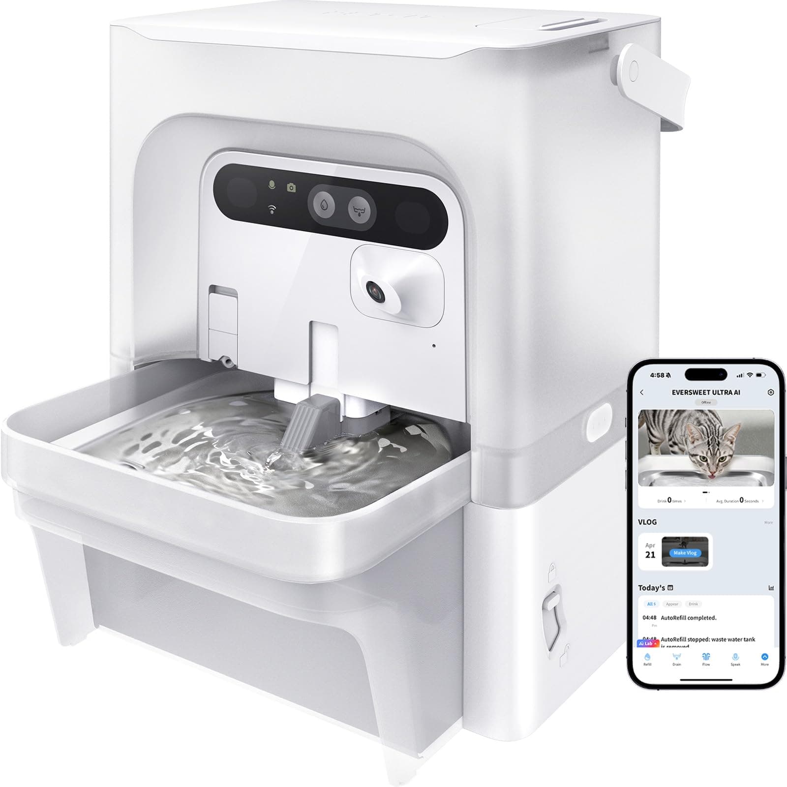 PETKIT EVERSWEET Ultra Fuente para Gatos sin Filtro, con Cámara AI, Separación de Agua Limpia y Sucia, 5L Bebedero Gatos Automático, Sensor de Movimiento, Control de App, Bandeja de Acero Inoxidable