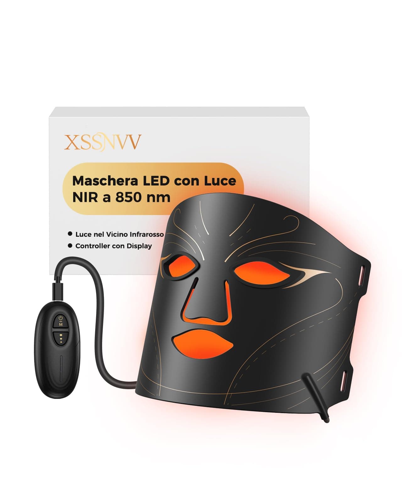 XSSNVV Maschera LED Viso con 224 LED 4 Modalità di Luce NVV06 | 3 Livelli di Intensità Terapia della Luce Rossa e Vicino Infrarosso, Maschera in Silicone Flessibile, Cura della Pelle a Casa