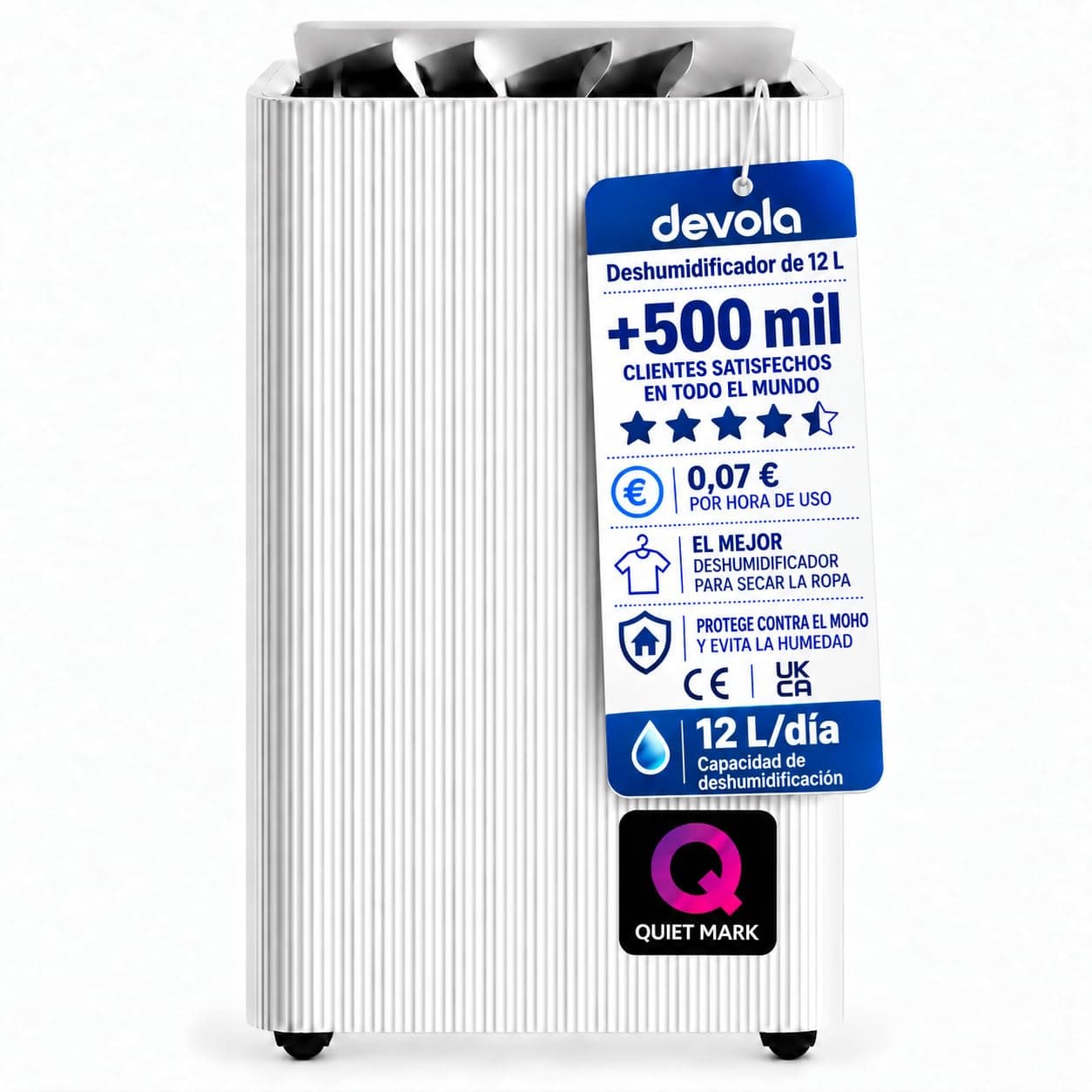Devola Deshumidificador 12L de Bajo Consumo con Filtro de Carbón | Solo 7 cént./hora, depósito 2,9L, doble filtración, temporizador, modo ropa y drenaje continuo