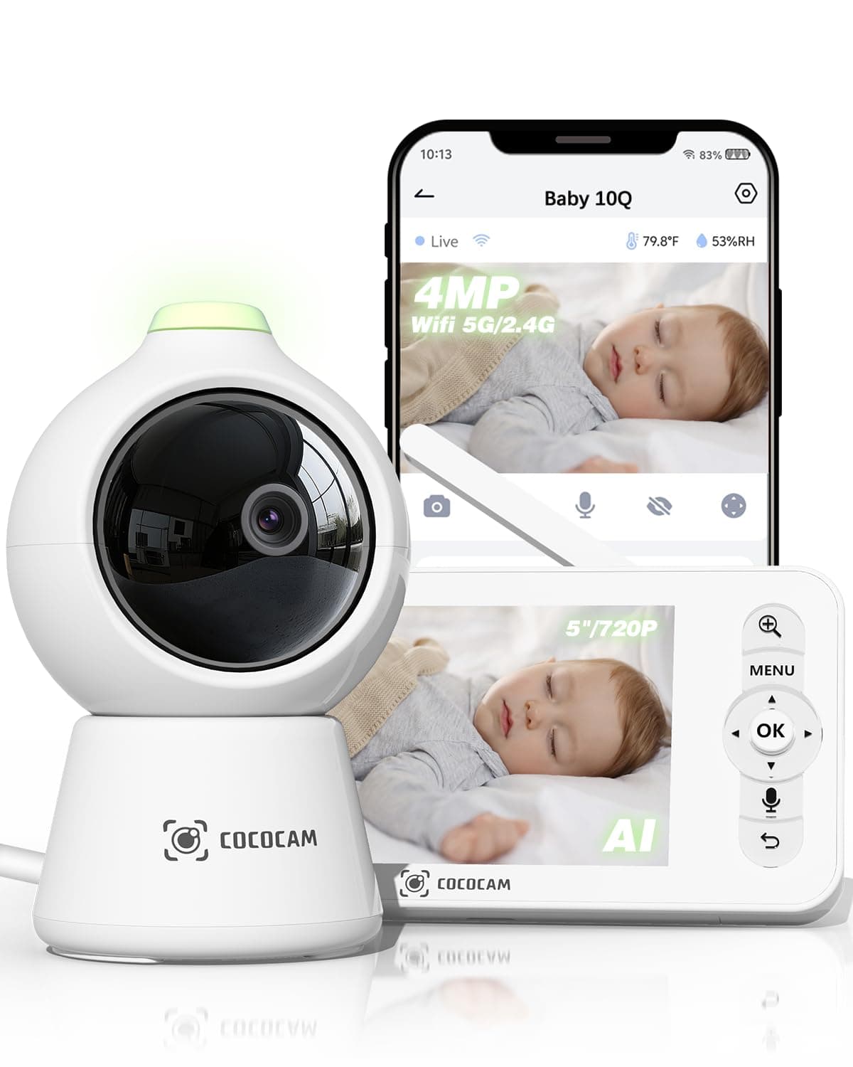 COCOCAM 2K 4MP IA Camara Vigilancia Bebe con 5" Pantalla, 2,4G/5GHZ WiFi, Detección Cara Tapada, Álbum Tiempo Inteligente, Seguimiento Automático, Detección llanto, Encriptación, Visión Nocturna IR