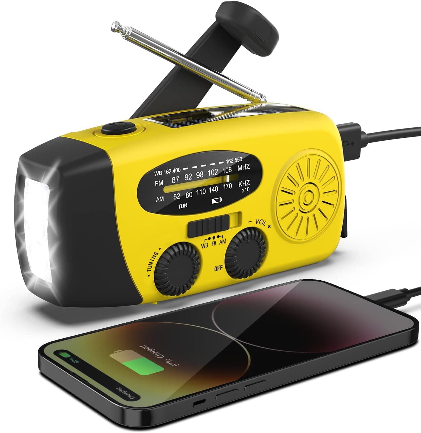 Radio di emergenza a energia solare, con allarme SOS, radio AM/FM a manovella con caricatore USB per cellulare, power bank ricaricabile da 2000 mAh, radio portatile con torcia elettrica per campeggio