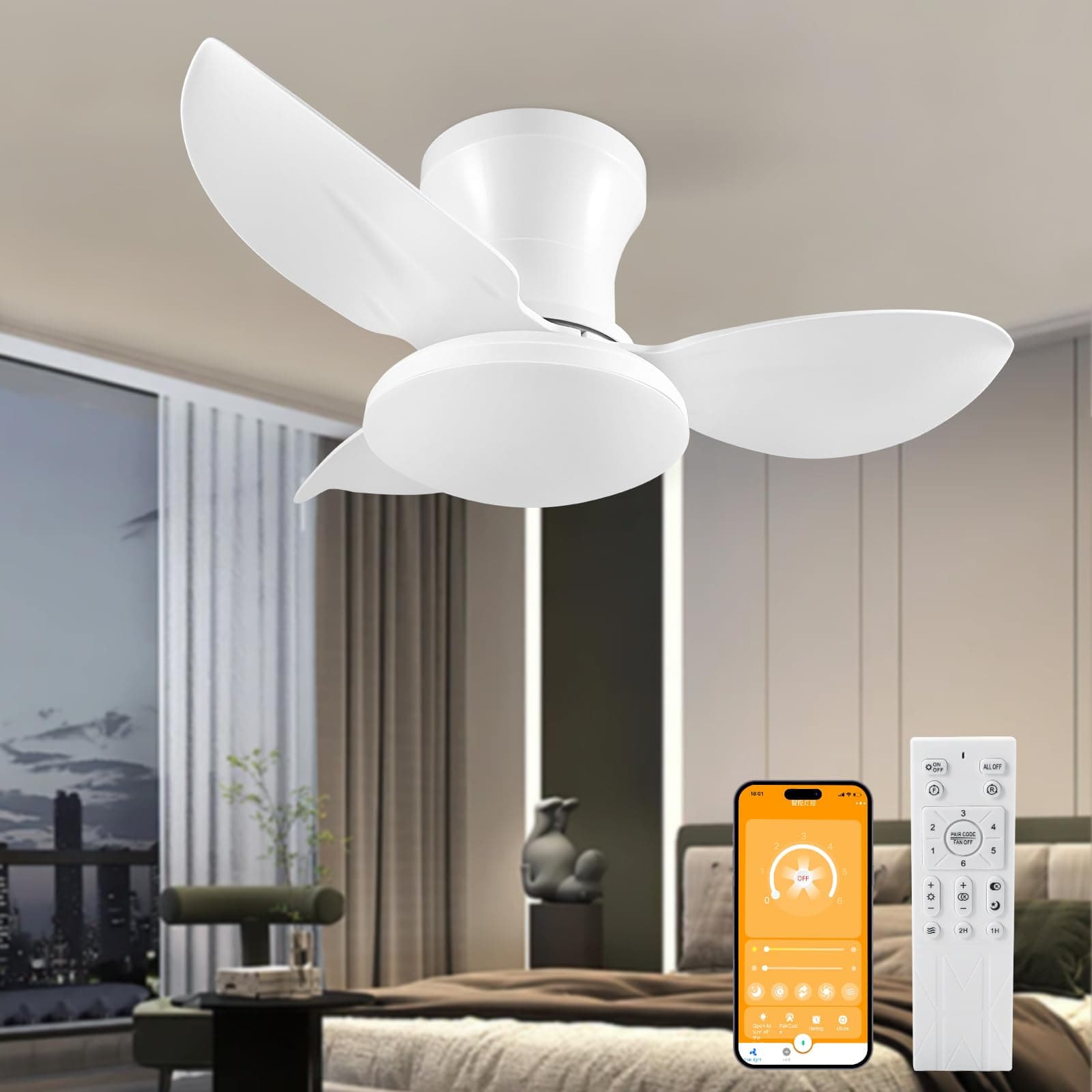 Ventilatore da Soffitto 60W, Ventilatore da Soffitto con Lampada e Telecomando 6 Velocità DC Reversibile, Lampada da Soffitto Silenziosa con Ventilatore, LED Fan Plafoniera con Luce, Timer 65CM Bianco