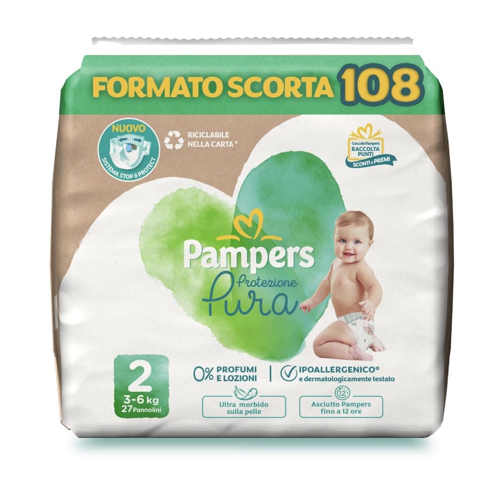 Pampers Protezione Pura, Taglia 2 (3-6 kg), Ipoallergenico, Barriera Stop&Protect, Anti-Fuoriuscite, Formato Scorta, 0% Profumo e Lozioni, Pelli Sensibili, Ultra Morbido, 108 Pannolini Neonato