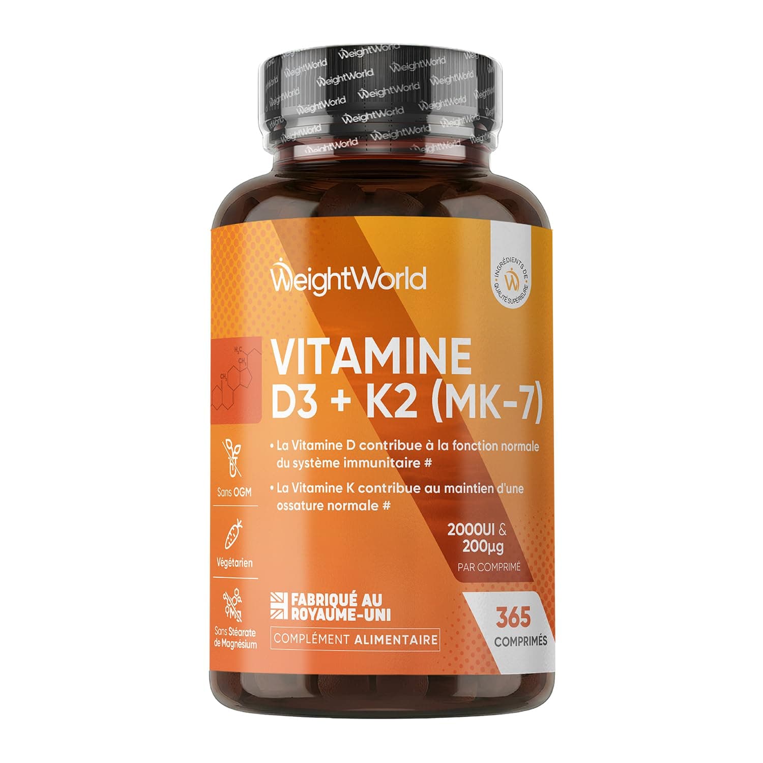 Vitamine D3 K2 MK7, 365 Micro-Comprimés Végétariens, Vit D3 2000UI & K2 MK7 | Complexe Vitamine D3 K2 MK7 Cholecalciferol et 200μg Ménaquinone, sans stéarate de magnésium, multivitamines pour 1 an