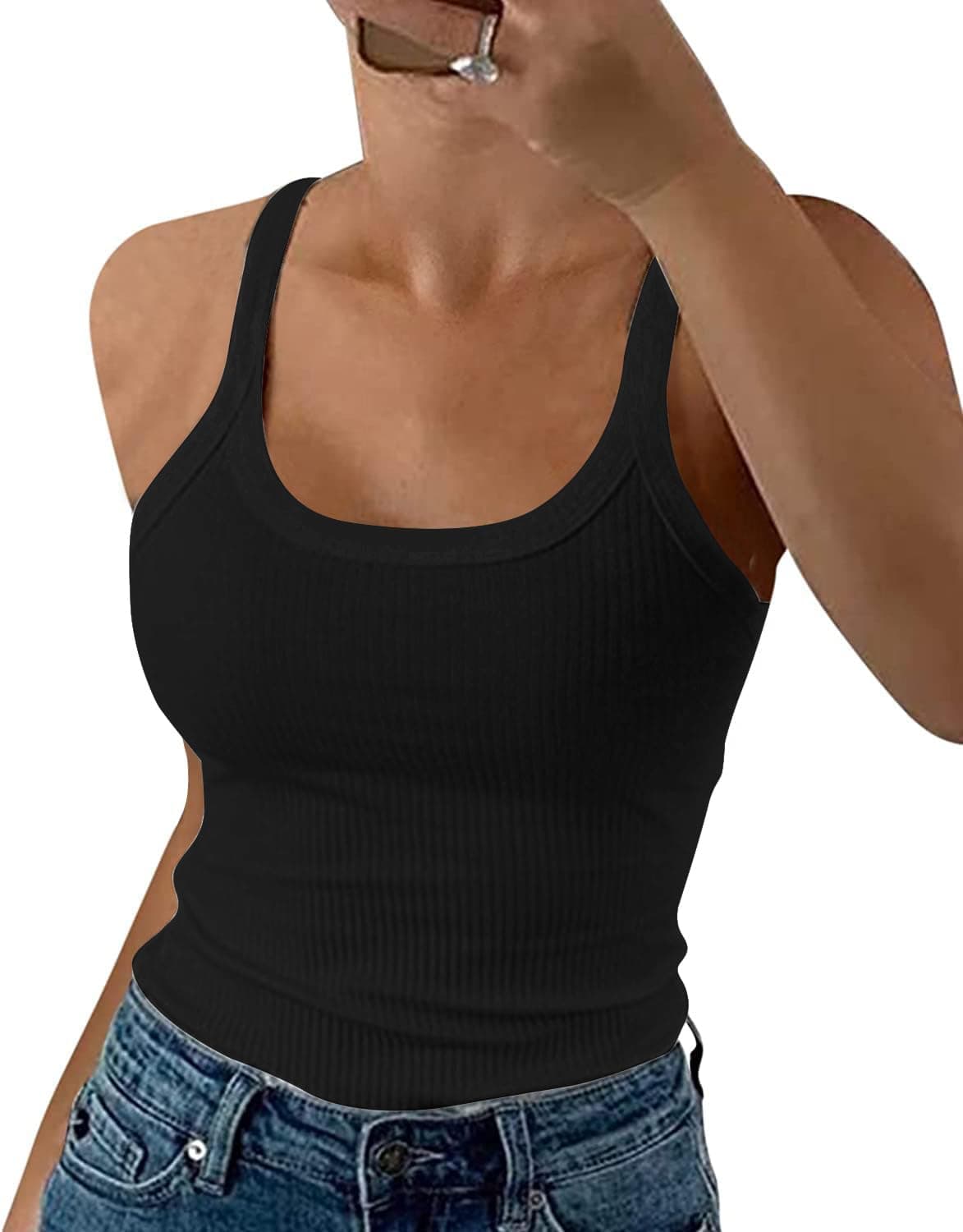 DUOEASE Debardeur Femme Côtelés Col Rond 2025 Spaghetti Top Femme Chic et Élégant Haut Femme Sexy