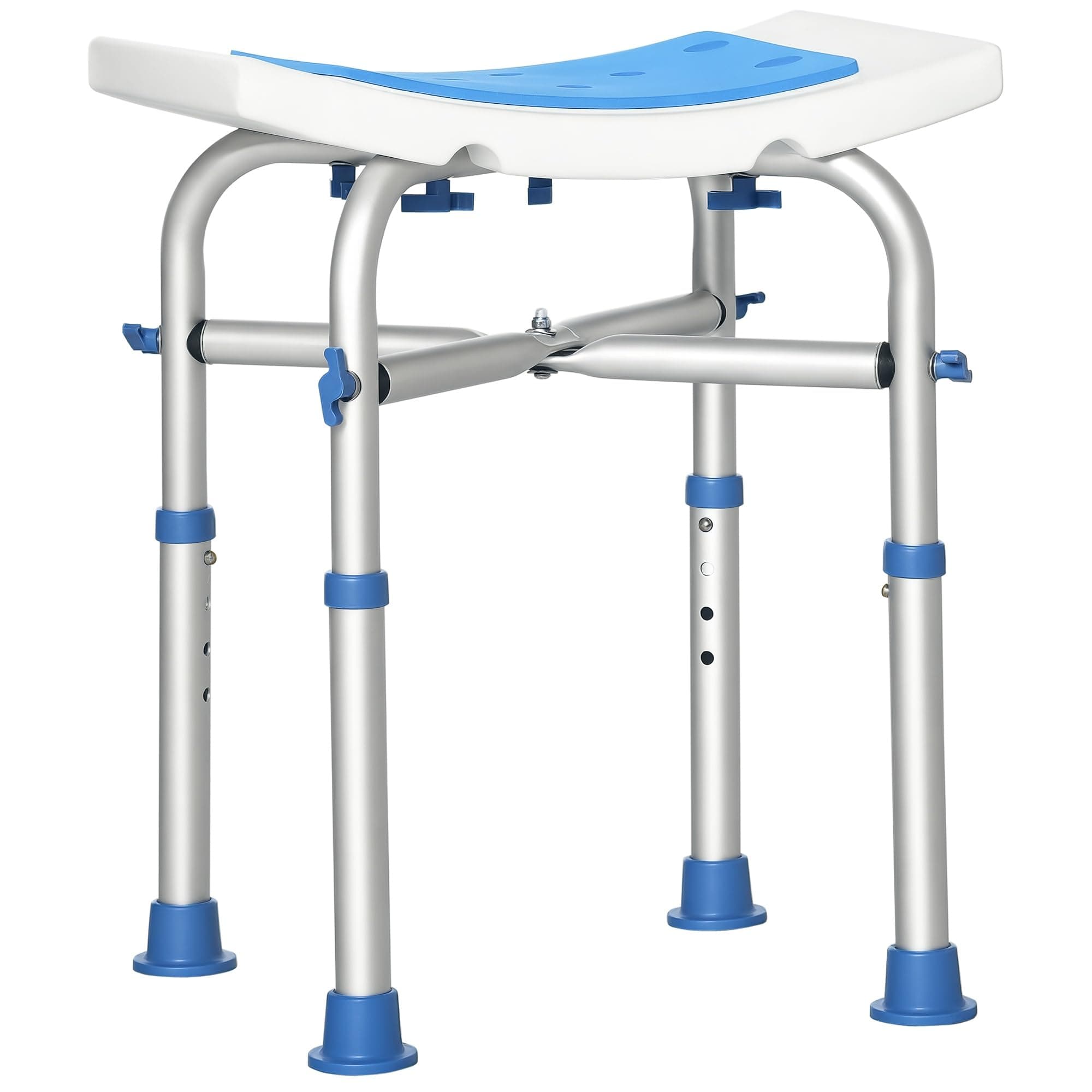 HOMCOM Tabouret de Douche Assise Rembourrée Réglable Aluminium 150 kg Bleu | Chaise de Douche, Siège pour Personnes Âgées et Handicapées, Patins à Ventouses Antidérapants