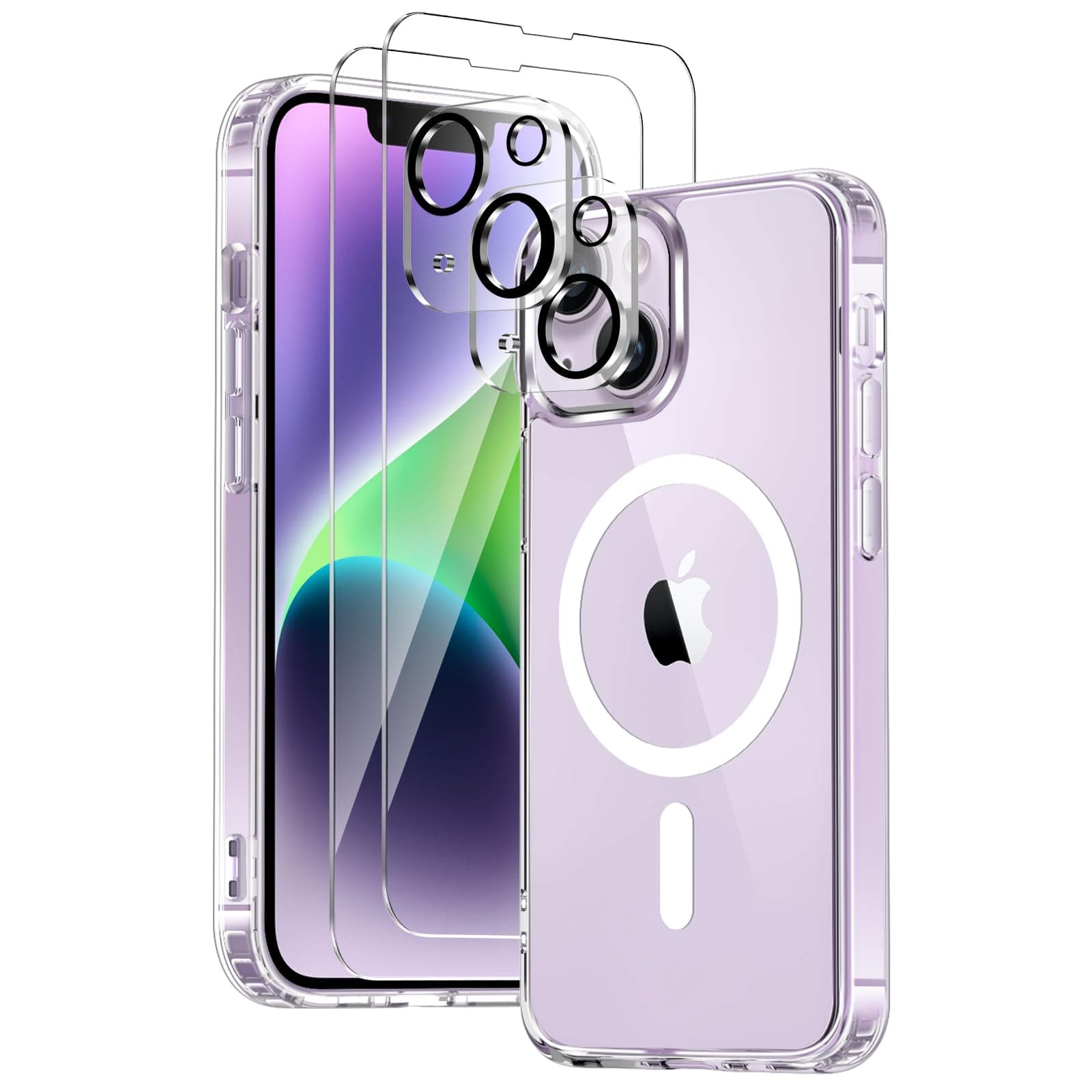 Vuletc Coque Magnétique pour iPhone 14 avec 2 Verres Trempés et 2 Caméra Protecteur, Compatible avec MagSafe, Étui Aimantée Antichoc Anti-Jaune Anti-Rayures Dos PC et Bumper TPU, Transparente