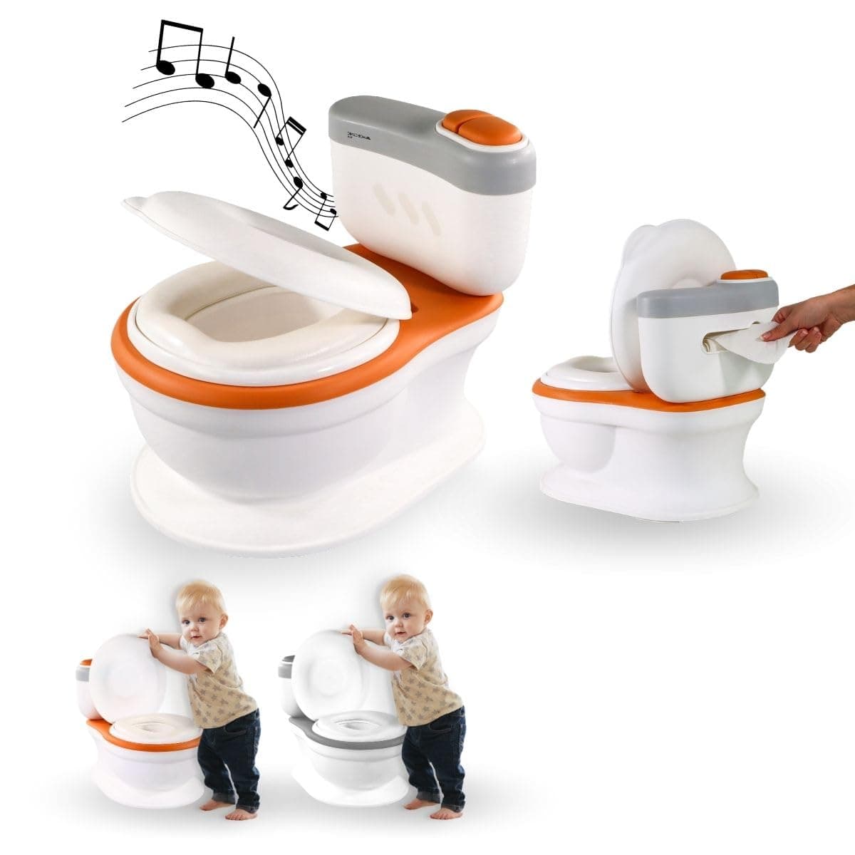Mobiclinic® kids, Vasino, Toikid, Età 1-3 anni, Con coperchio, Risciacquo acustico, Scomparto per la carta igienica, Funzionamento a batteria, Secchio rimovibile, Sedile impermeabile (arancione)