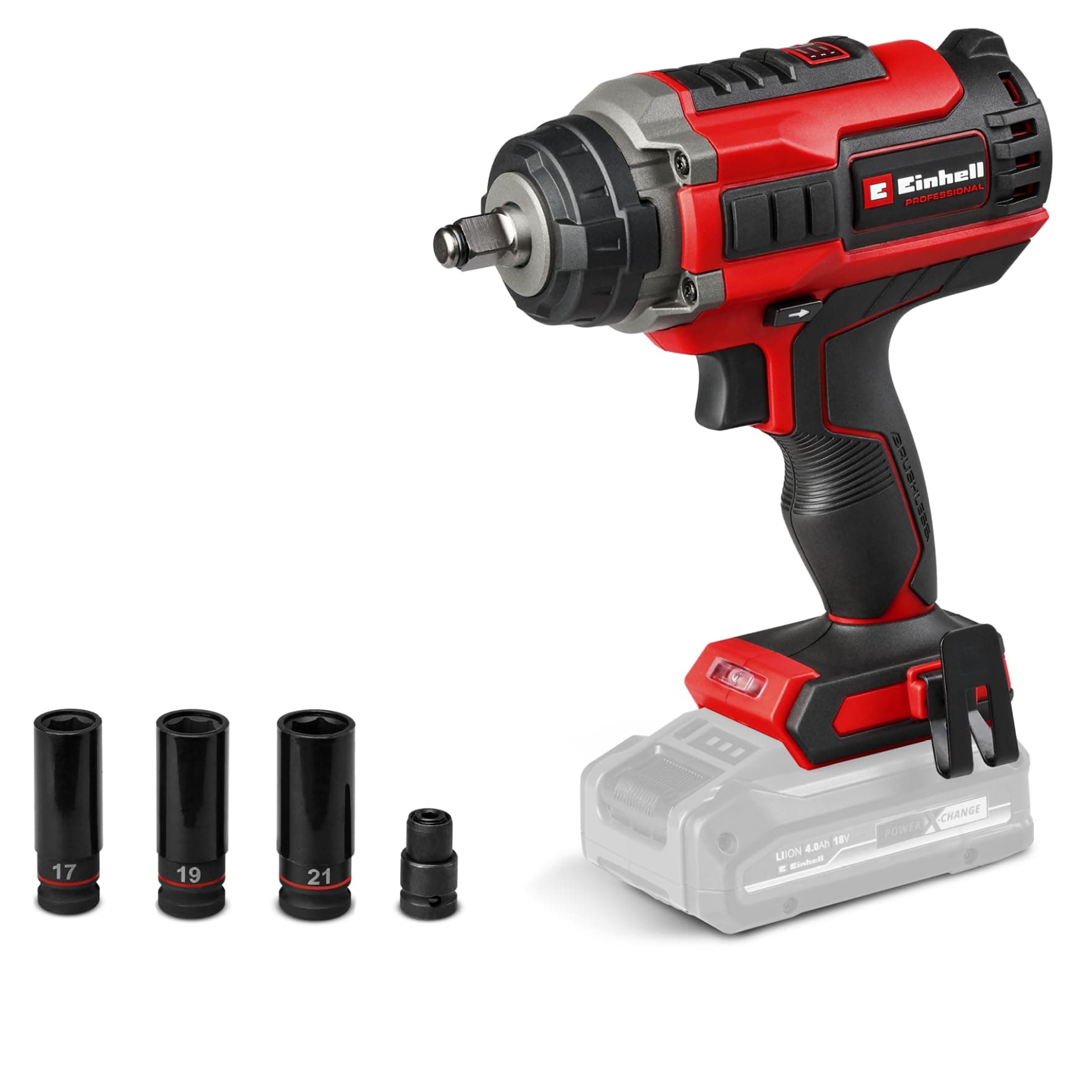 Einhell Professional Akku-Schlagschrauber IMPAXXO 18/450 Power X-Change (18 V, 450 Nm, 3 Leistungsstufen, Brushless, 1/2"-Aufnahme, inkl. Nuss-Set, ohne Akku)