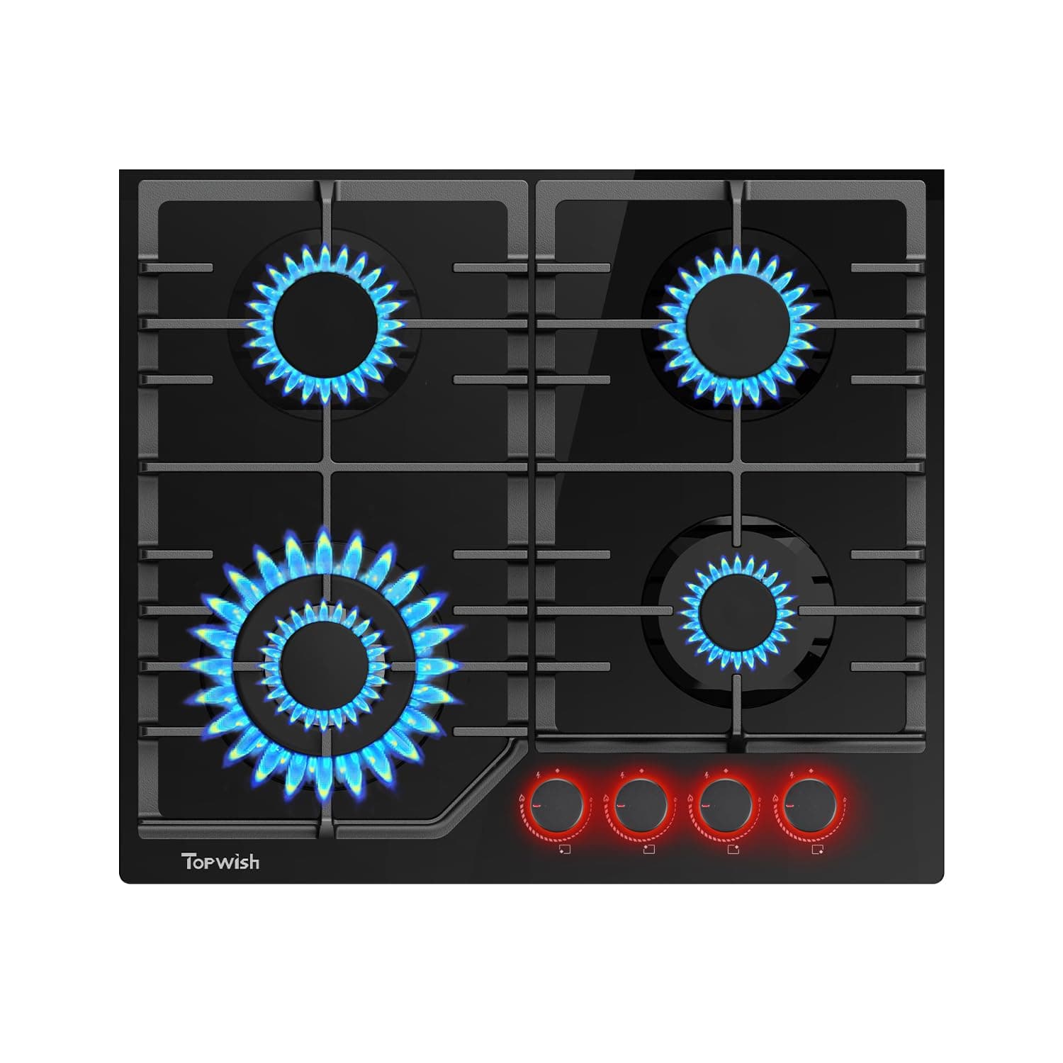 TOPWISH placa de gas butano, placa gas butano 4 fuegos, con rojo mando giratorio iluminado, NG/LPG convertible, válvulas de seguridad, encendido eléctrico, 8000W, 60cm