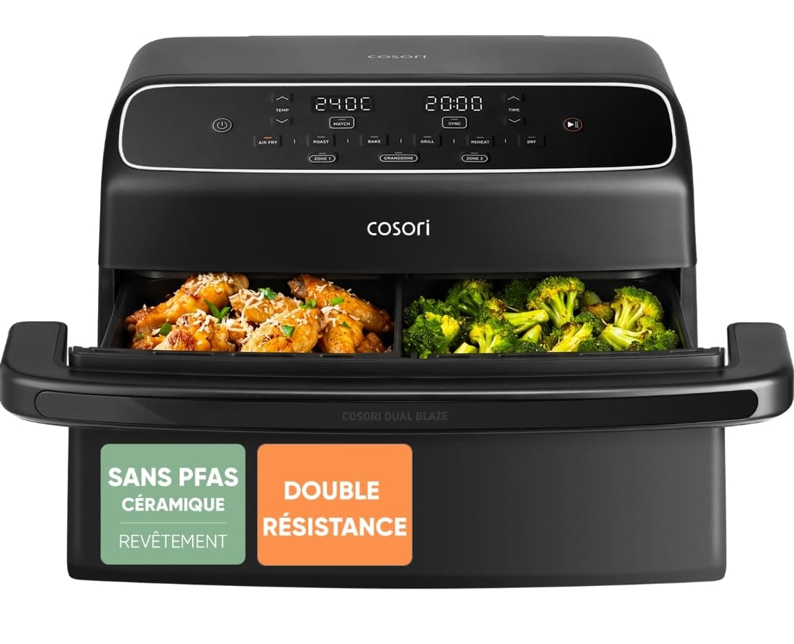 Cosori Air fryer Twinfry Compact 8,6L Revêtement Céramique | Sans PFAS, 4 Résistances sur 2 Niveaux, 6 Fonctions, Double Panier avec Séparateur Amovible, CAF-TF801-AEU