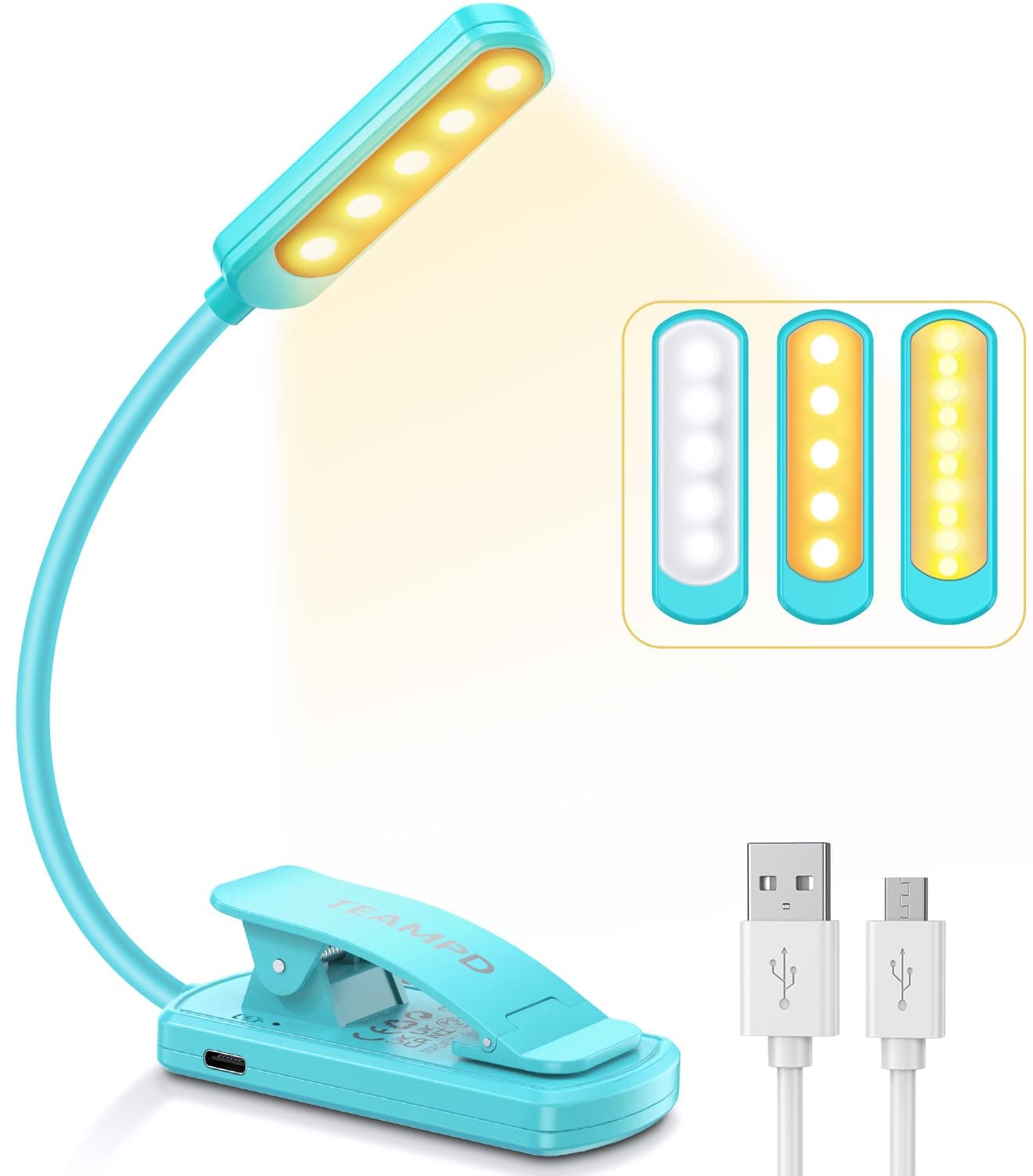 TEAMPD Lampada da Lettura USB Ricaricabile, 10 LEDs 3 Modalità Con Clip, 360° Flessibile Collo per Libri, Kindle, Portatili, Viaggio, Emergenza