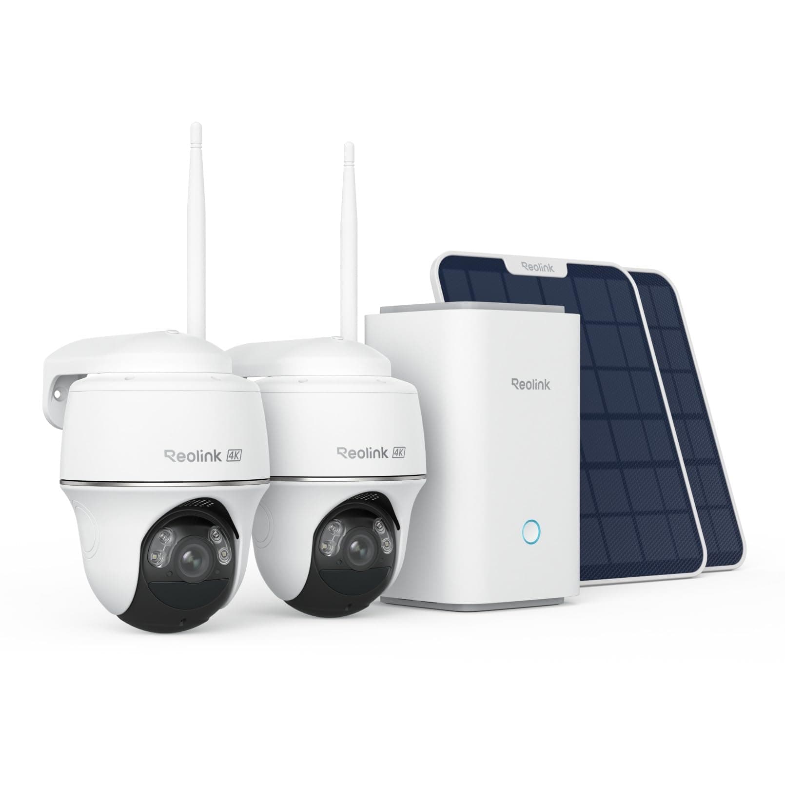Reolink 4K PT Solar Überwachungskamera Aussen Set Outdoor Akku mit Home Hub, 360° Schwenkbare, Farbnachtsicht, Lokaler Speicher, Ohne ABO-Gebühren, Argus PT Ultra 2-Kamera-Set, mit Solarpanel