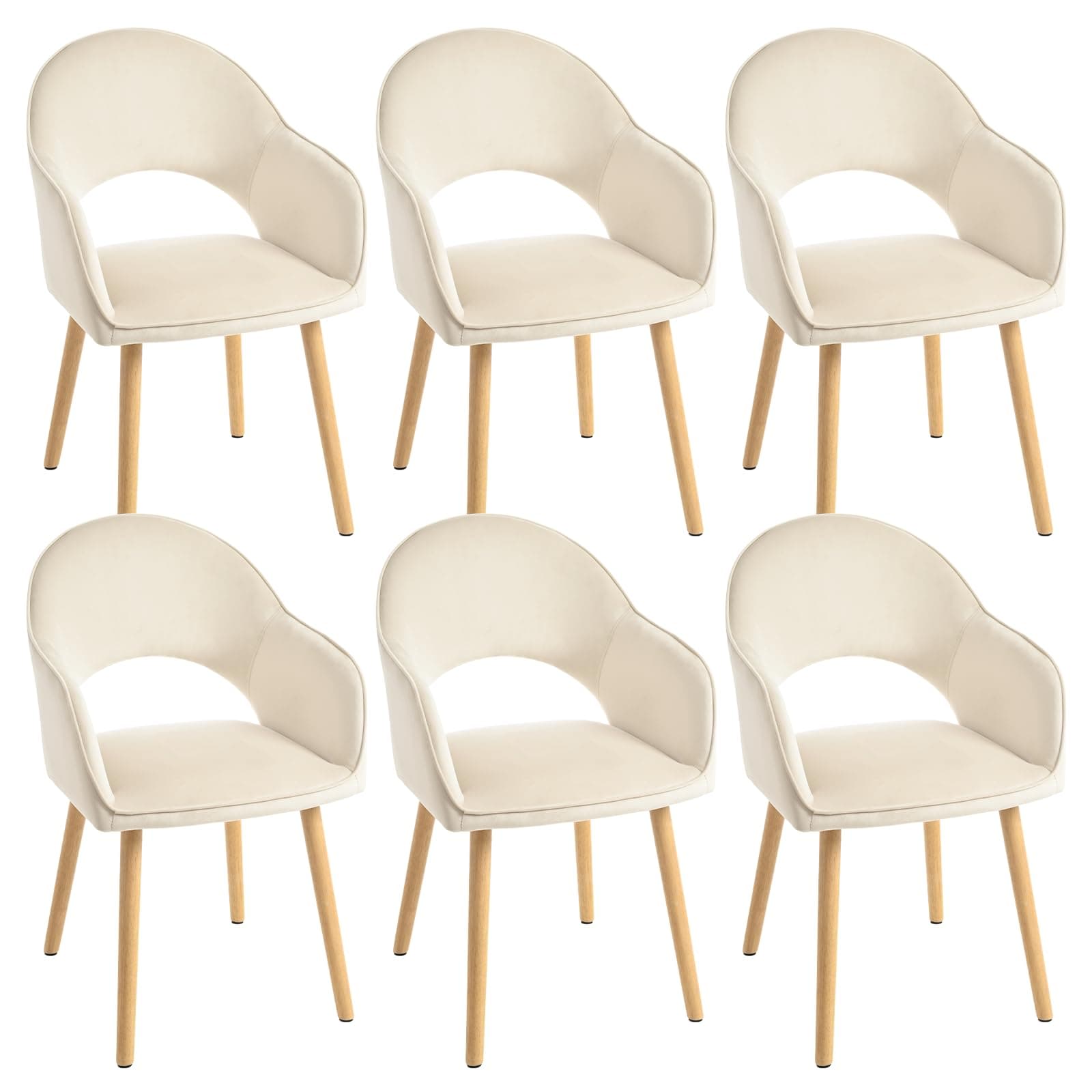 Goeurvant Juego de 6 Sillas de Comedor con Reposabrazos, Sillas Tapizadas para Salón y Cocina, Sillones Modernos con Patas de Madera - Marfil