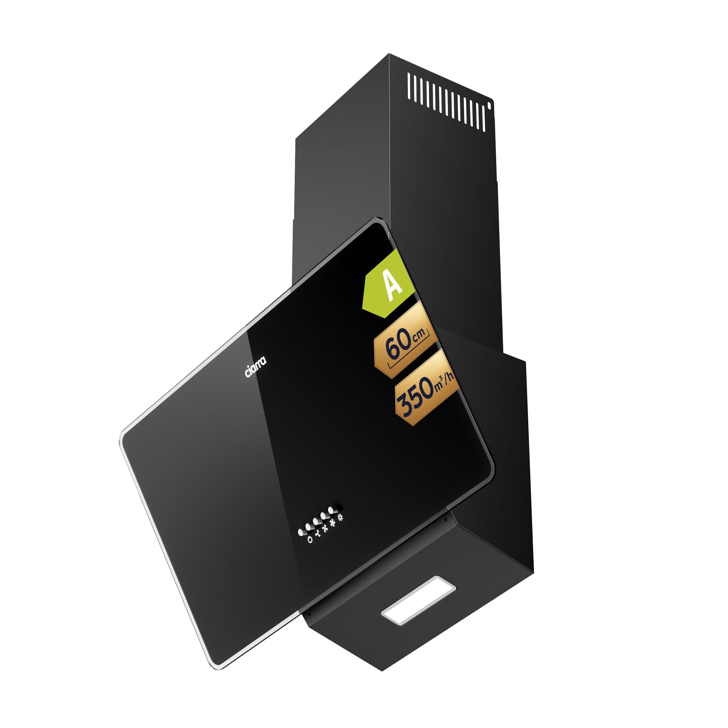 CIARRA Campana Extractora Inclinada 60 cm, 350 m³/h,CAB6750 | Negro Panel Cristal Extractor | Recirculación/Evacuación | 3 Velocidades | Luz LED | Filtro Carbón CBCF002X2 No Incluido