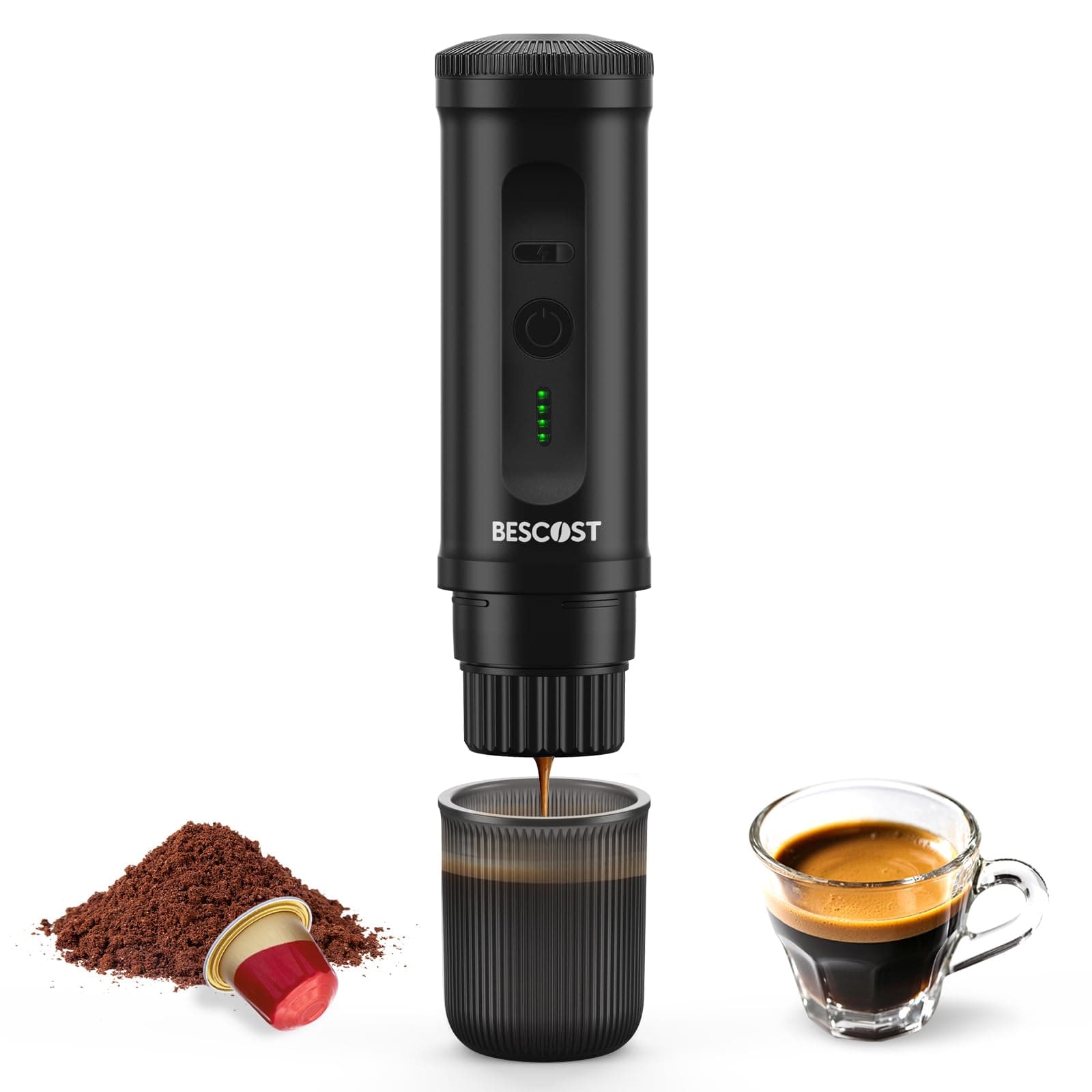 BESCOST Macchina Caffè Portatile 20 Bar, Auto-Riscaldamento 3 Min, Batteria 9600mAh USB-C, Compatibile con Capsule NS e Caffè Macinato,Libertà di Espresso Ovunque Campeggio Auto Camper Barca Ufficio