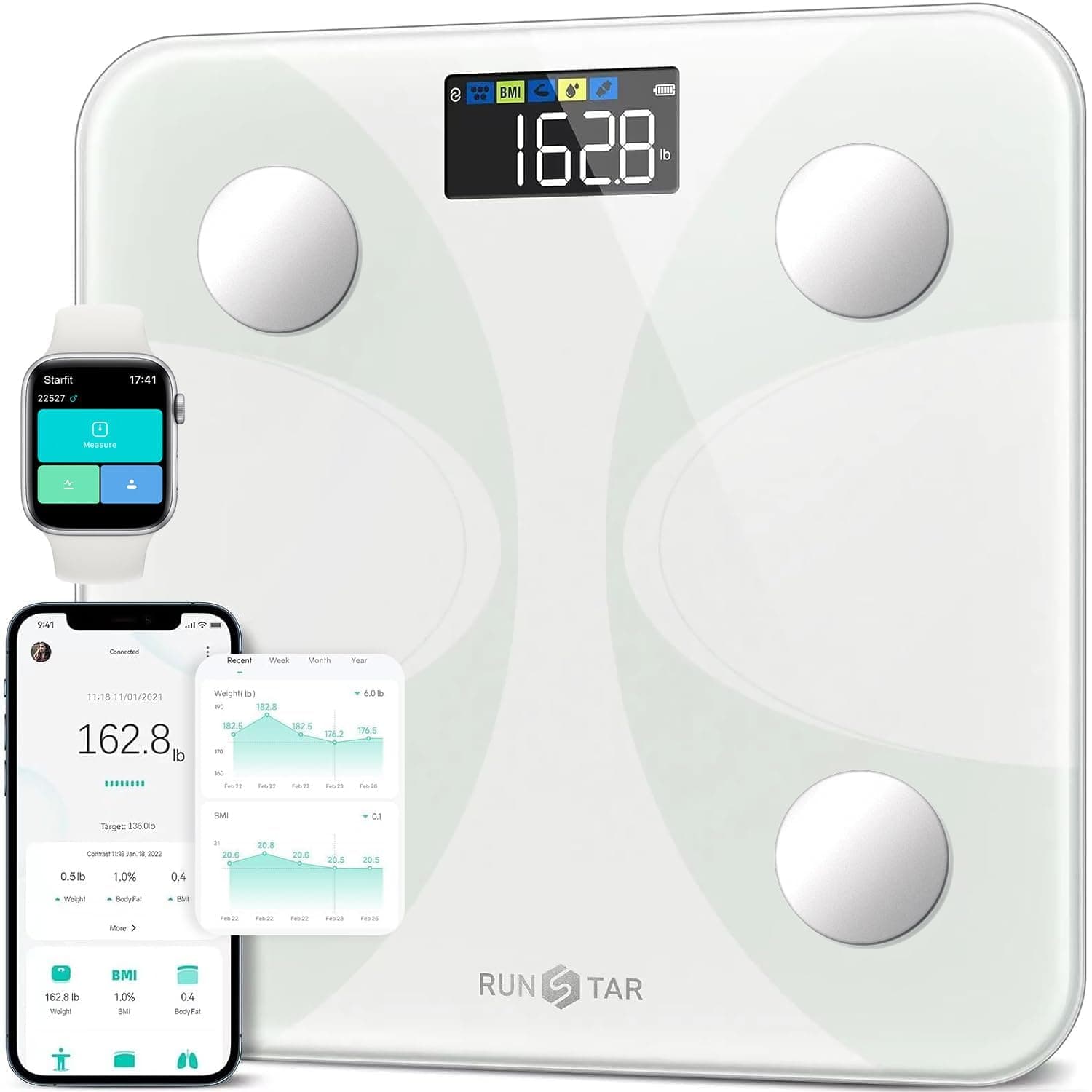 RunStar Bilancia pesapersone e percentuale grasso, Bilancia smart digitale e precisa con ampio display, Analizzatore di 13 dati di composizione corporea, Sync App - Bianco