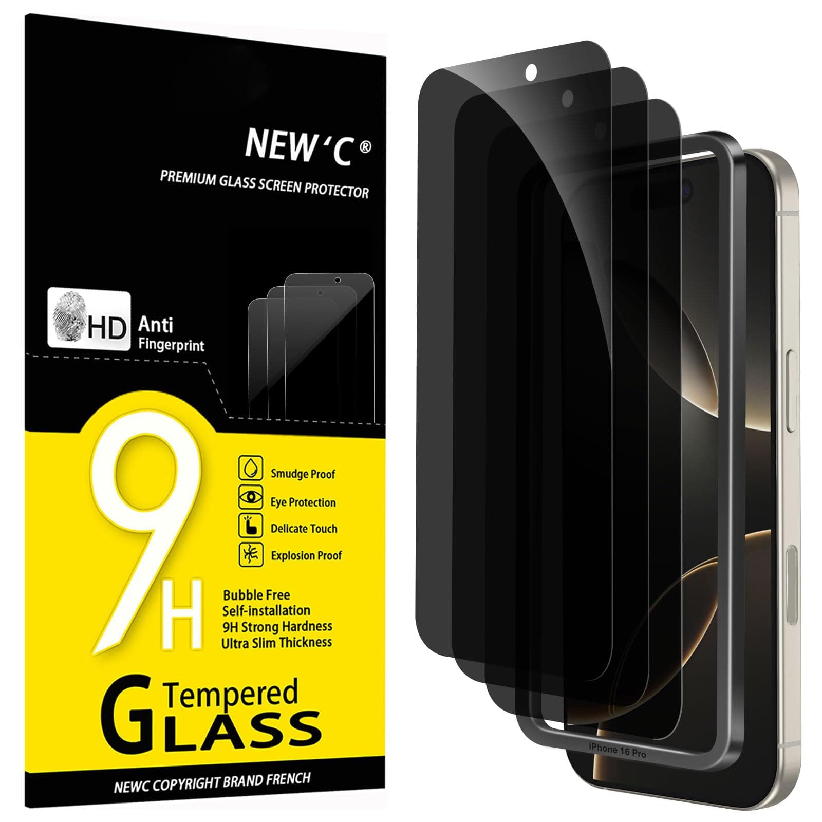NEW'C 3 Piezas, Protector pantalla privacidad para iPhone 17, 17 Pro, iPhone 16 Pro (6,3 Pulgadas), Cristal Vidrio Templado Antiespia con herramienta de instalación fácil incluida