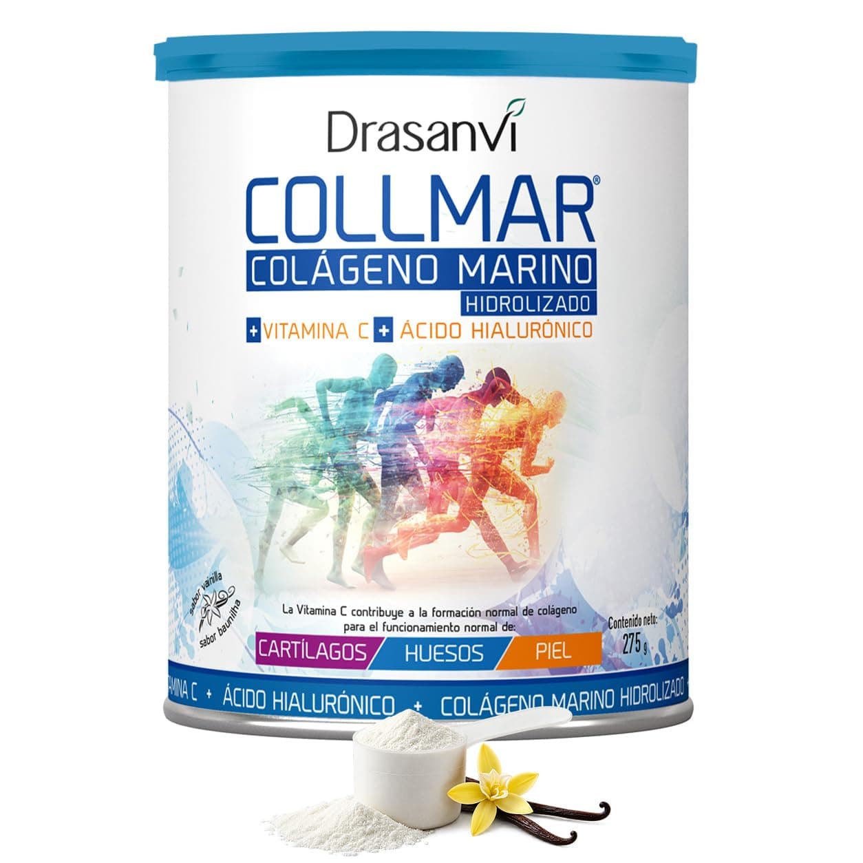 Drasanvi COLLMAR Colágeno Marino Hidrolizado con Ácido Hialurónico, Vitamina C |Sin edulcorantes | Máx. asimilación 9.660 mg/dia | 275g de polvo | Sabor Vainilla