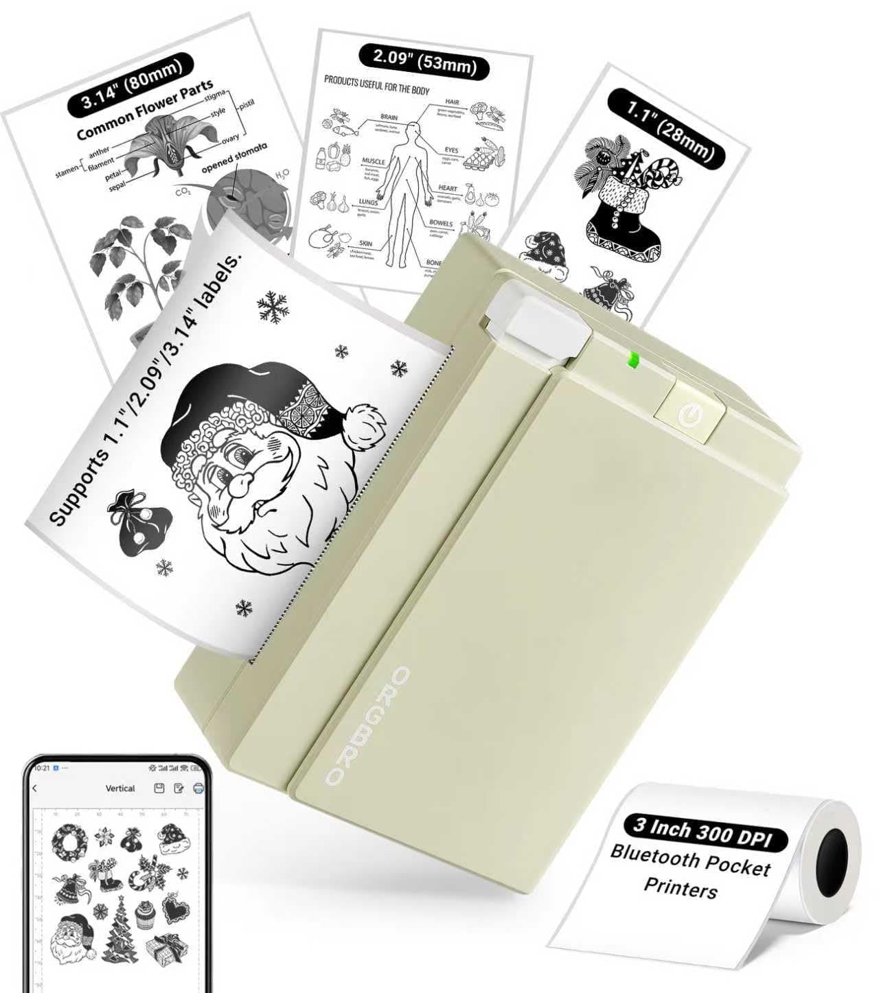 ORGBRO Mini Imprimante, X3 Thermique Bluetooth Imprimante Autocollante Portable, avec 1 Rouleau de Papier Thermique, 300DPI Petite Printer pour DIY Photos, Notes, Compatible iOS Android, Vert Olive
