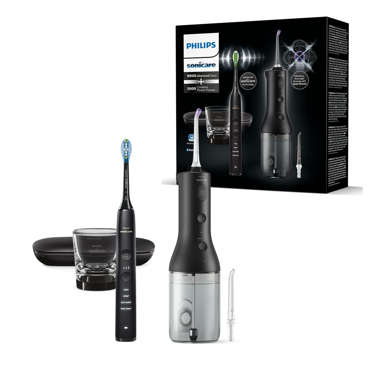 Philips Sonicare Jet dentaire sans fil Power Flosser 3000 et brosse à dents électrique DiamondClean 9000 - Nettoie les dents et les gencives et élimine la plaque dentaire, noir (modèle HX3886/43)