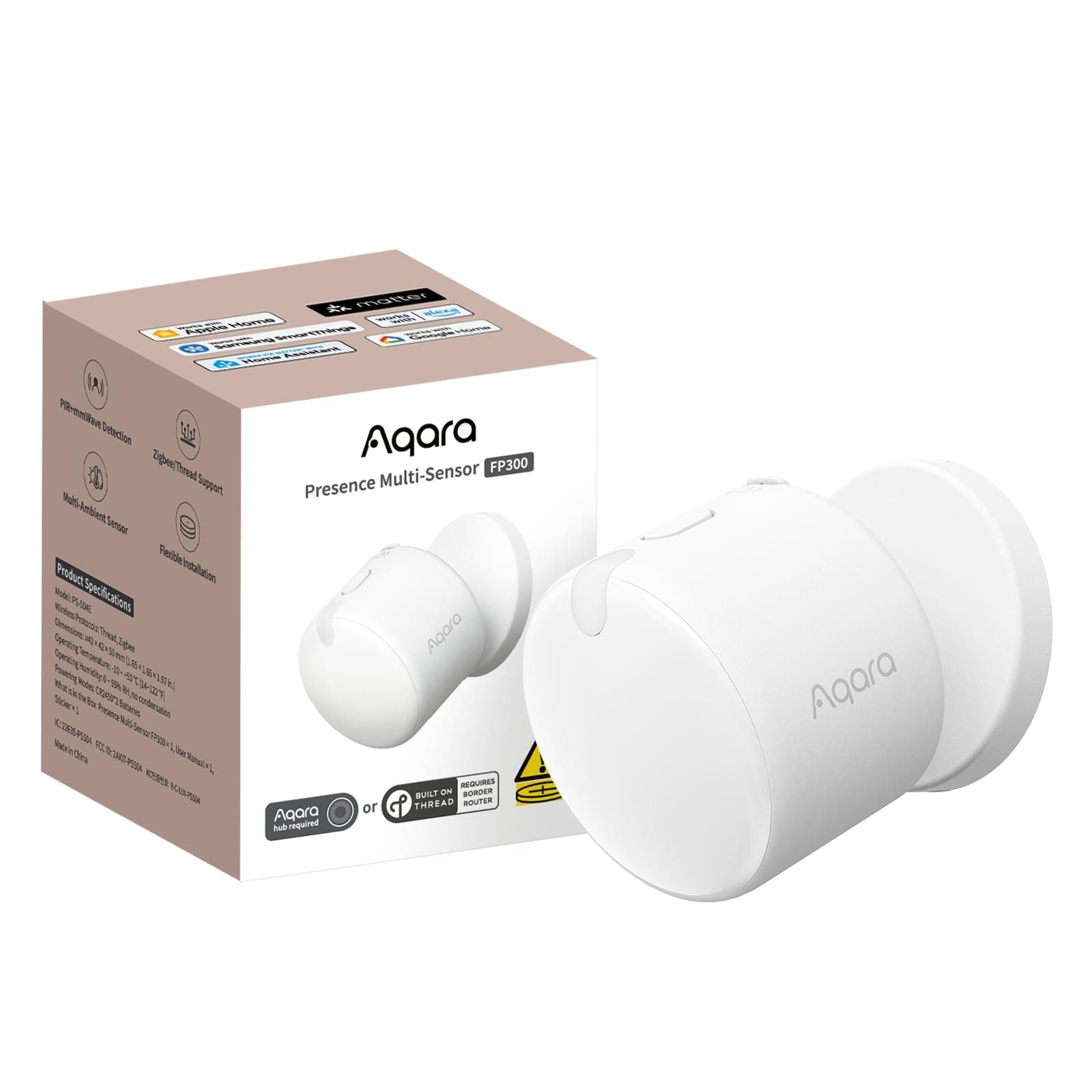 Aqara Sensor de Presencia Inalámbrico 5 en 1 FP300, Thread/Zigbee, mmWave Radar+PIR, Sensor de Movimiento/Presencia/Luz/Temperatura/Humedad, Admite HomeKit, Home Assistant, Alexa y Google Home