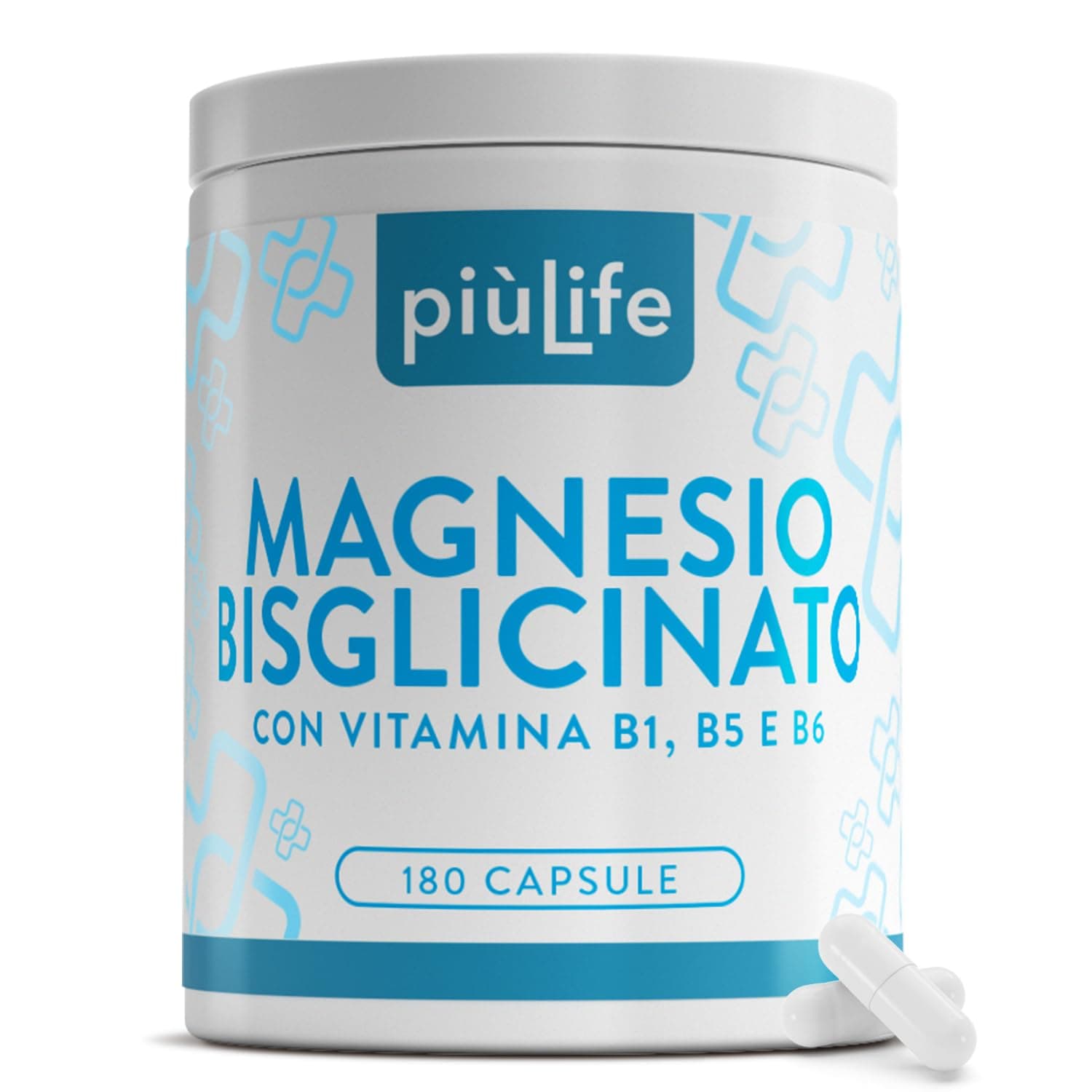 Magnesio Bisglicinato Puro Con Vitamina B1 B5 B6 PiùLife, 180 Capsule | 3 al giorno, 300 mg per dose, Magnesio Glicinato Chelato, Metabolismo Energetico e Sistema Nervoso, Senza Glutine