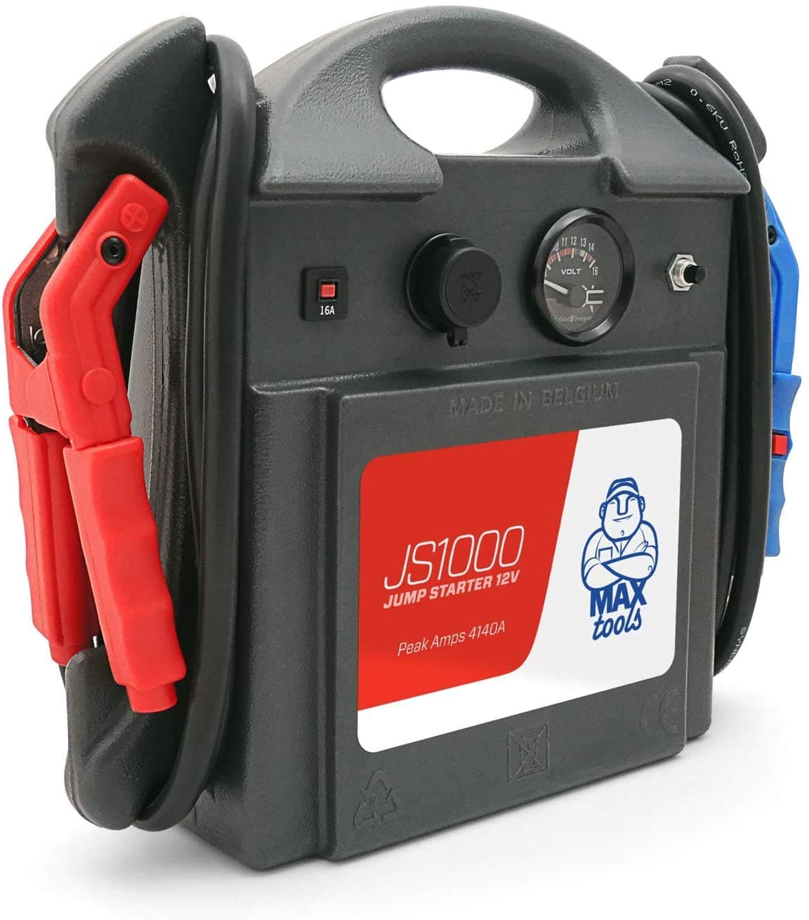 MAXTOOLS JS1000 Arrancador de Emergencia Portátil 1380 A 12 V 22 Ah con 4140 A de Inrush, Jump Starter, Booster, Arrancador de Coche con Batería de Plomo AGM y Alicates con Luz LED