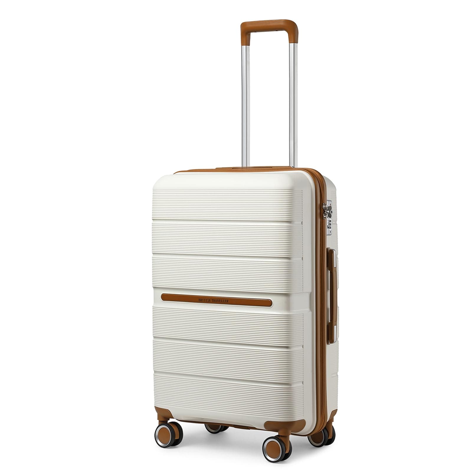 British Traveller Valise Moyenne Taille Rigide Soute 66 cm 69L, Crème | Valise Soute Avion 23kg Polypropylène Trolley Léger, 4 Roulettes Silencieuses, Serrure TSA Solide, Voyages Pro & Loisirs