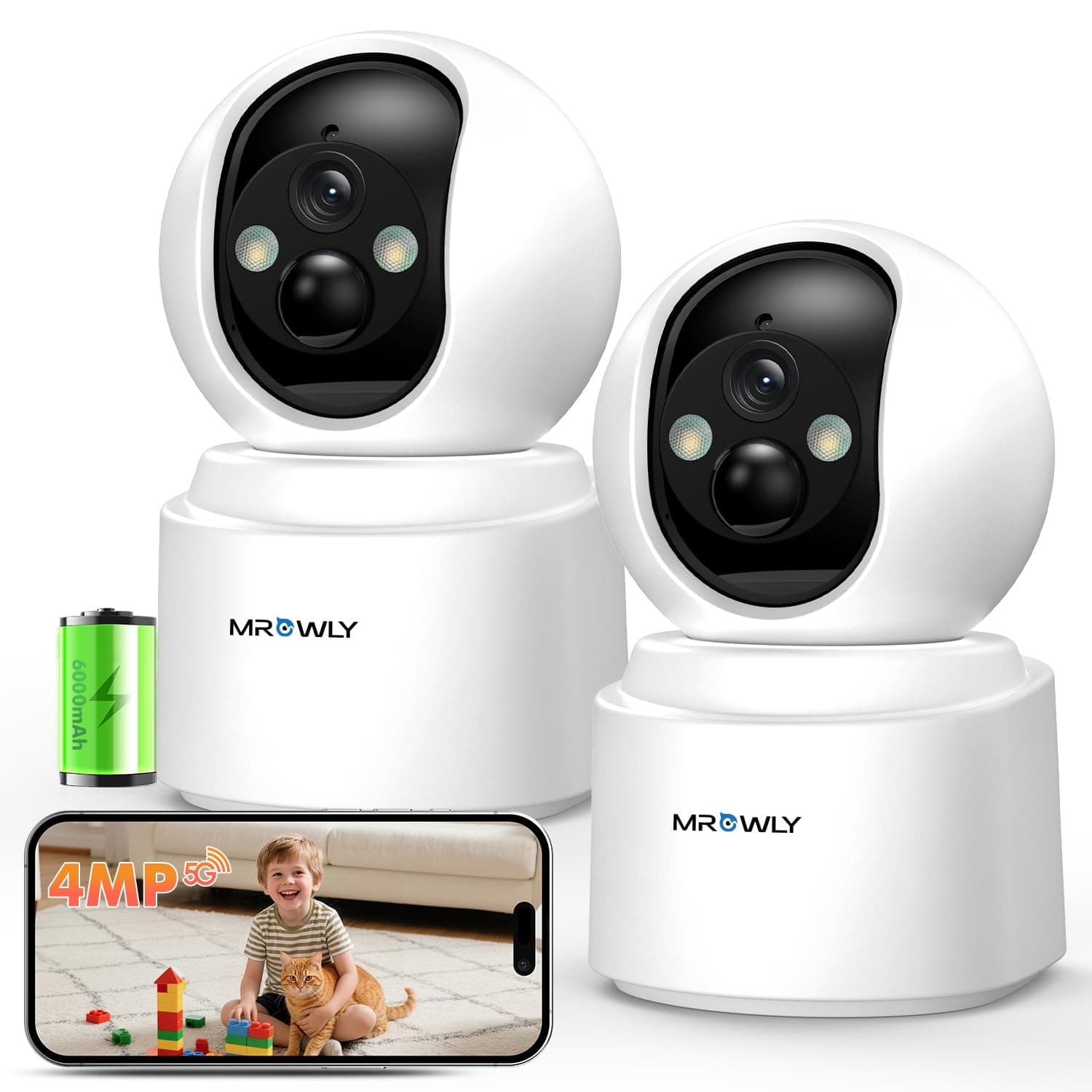 Mrowly 2.5K(4MP) Camera Surveillance WiFi Interieur sans Fil, Pan/Tilt Batterie 6000mAh, 2.4G/5GHz, Vision Nocturne, Détecteur PIR, Audio Bidirectionnel pour De Bébé/Animaux/Sécurité Domestique