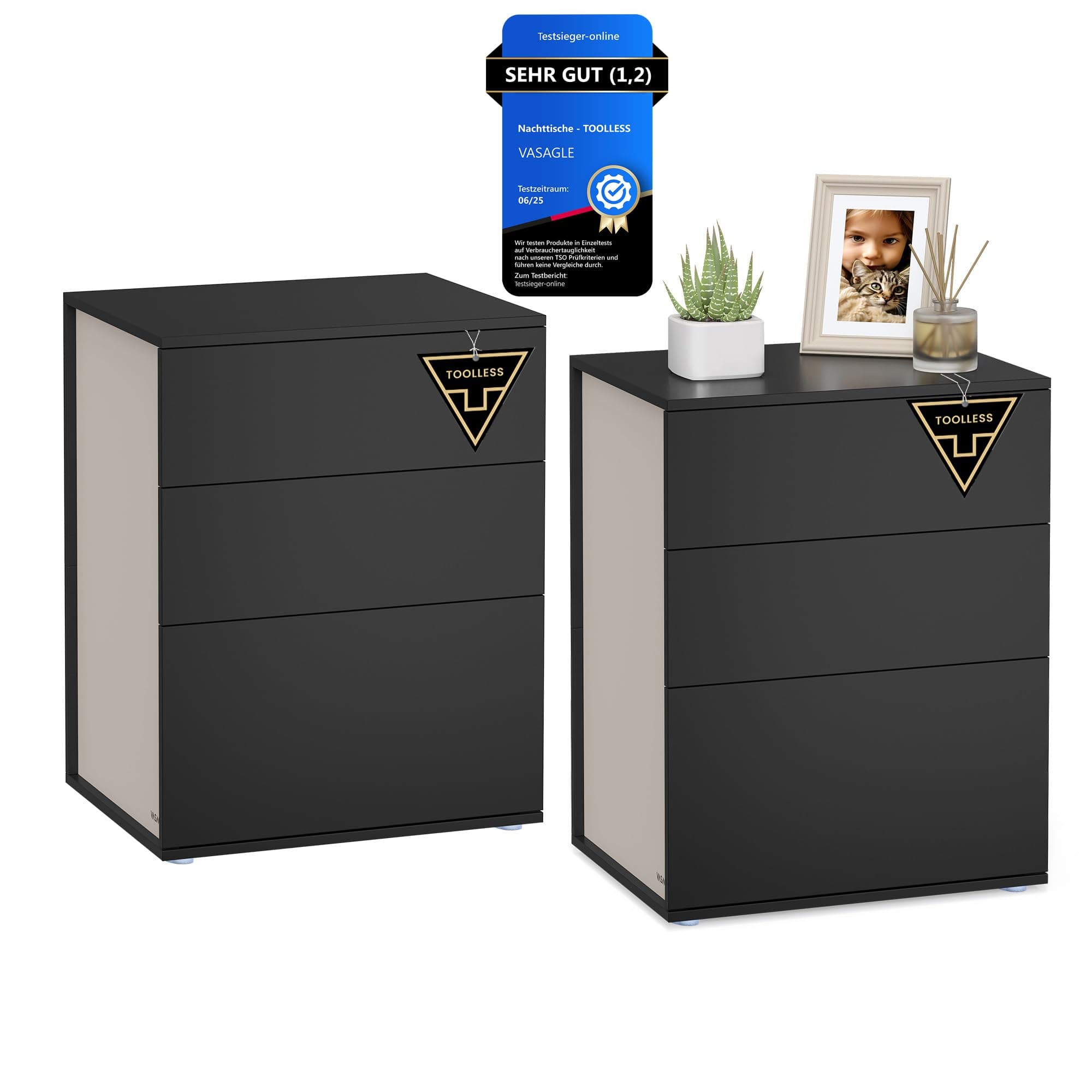 VASAGLE Nachttisch 2er Set, superschnelle werkzeuglose Montage, Toolless-Technologie, Beistelltisch 3 Schubladen, Nachtschrank, Schlafzimmer, Wohnzimmer, tintenschwarz-cappuccinobeige LET779B01