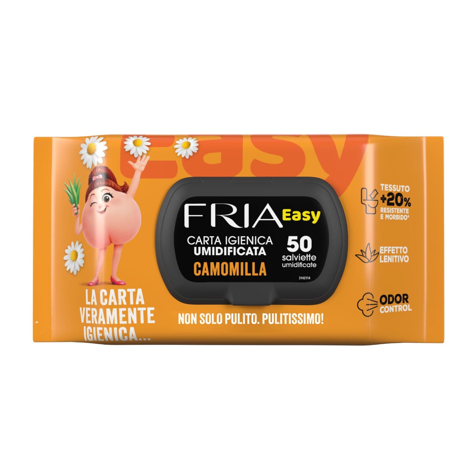 Fria Easy Carta Igienica Umidificata con Camomilla ad Effetto Emolliente e Lenitivo, Tessuto Gettabile nel WC, Dermatologicamente Testate, Confezione da 50 Salviette
