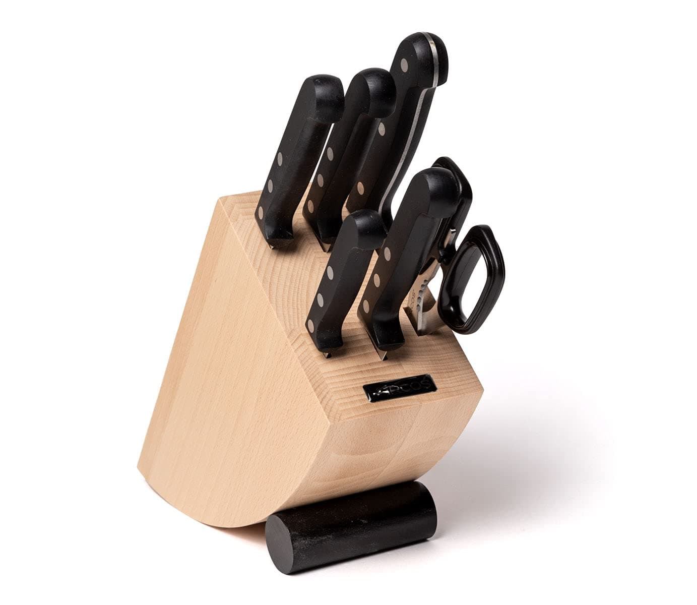 Arcos Universal Juego de Cuchillos de Cocina Profesional + Tijeras con Bloque de Madera. Set de 5 Cuchillos + Tijeras de Acero Inoxidable. Bloque de Cuchillos para Cocinar.