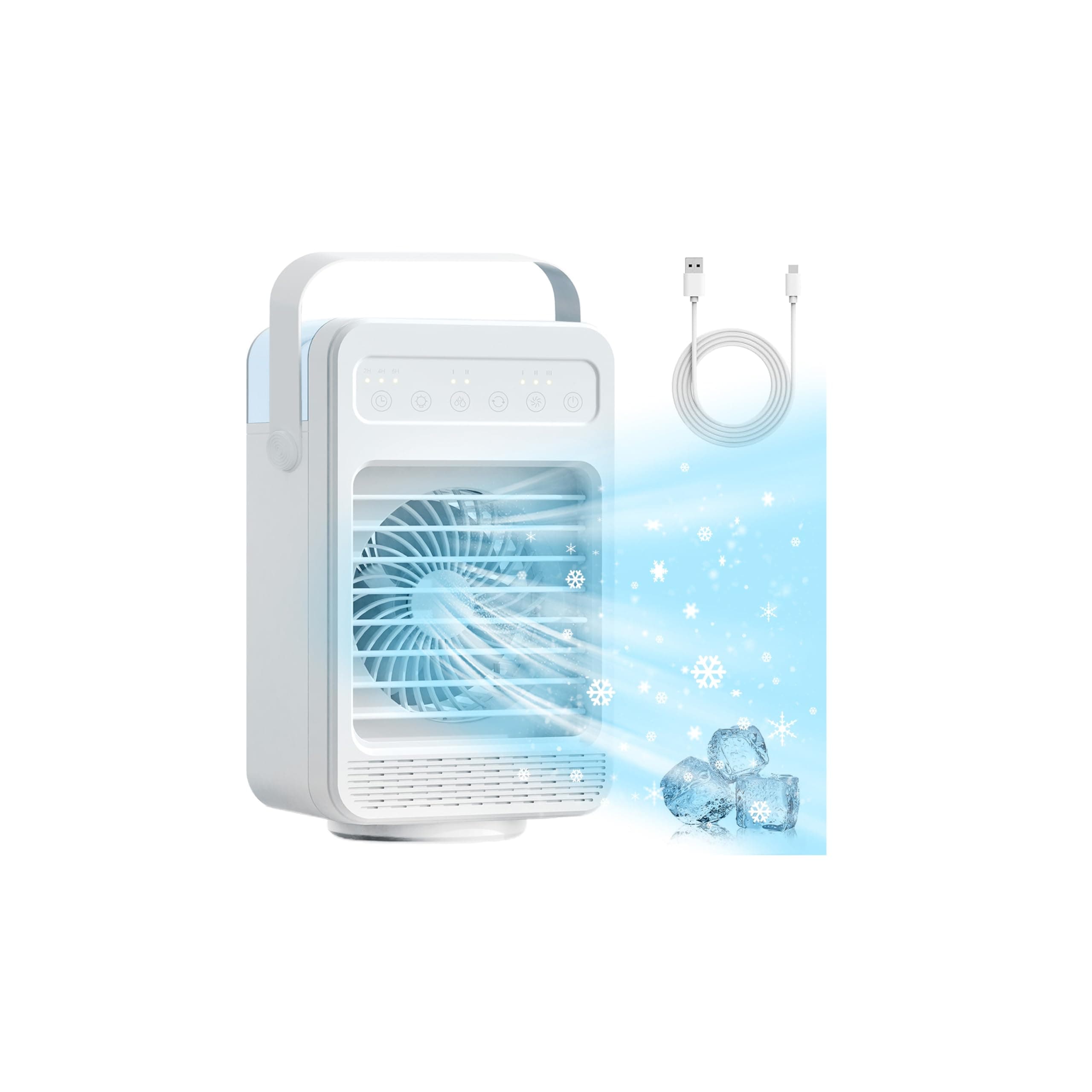 Ventilateur Climatiseur Mobile, Mini Climatiseur Portable, Refroidisseur d'air 4 en 1 avec 70° Oscillation, 4 Vitesses de Ventilateur, 2 Modes de Brumisation, Poignée, Chambre à Coucher, Bureau
