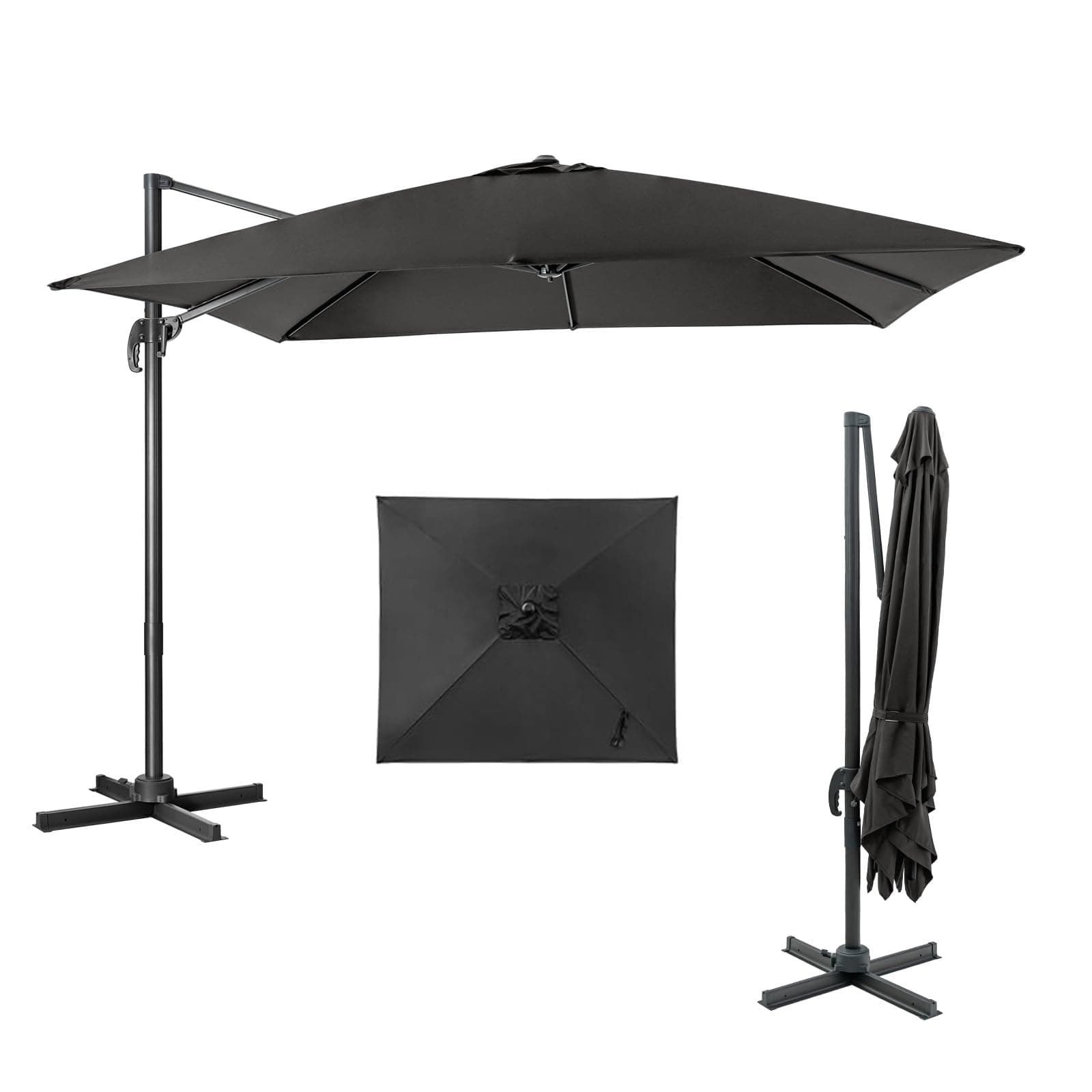 COSTWAY Parasol de Jardin Extérieur, Parasol Déporté Carré 3x3M à Manivelle, Inclinable et Rotation à 360°, 8 Baleines, Toit Double Ventilation Protection UV, pour Terrasse, Patio, Balcon, Noir