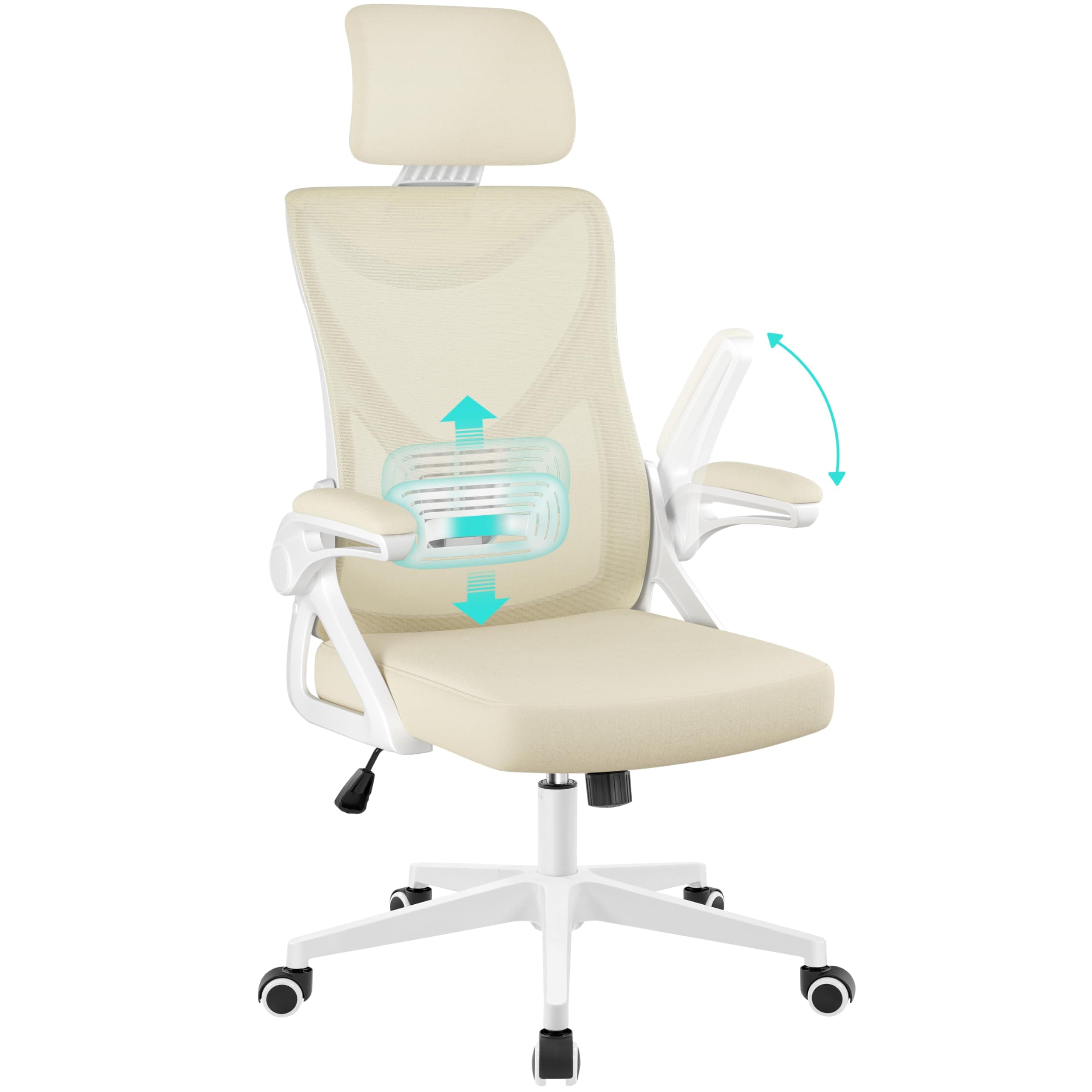 Yaheetech Sedia Ufficio Ergonomica con Braccioli Poggiatesta Regolabile Schienale Alto Funzione Dondolo Poltrona Scrivania Girevole in Rete Traspirante con Supporto Lombare beige