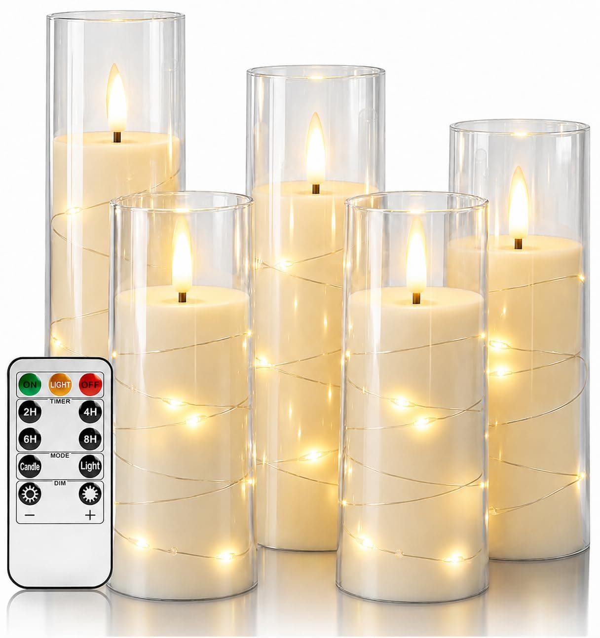Da by 5 Candele LED Avorio con Luci Fatate, Copertura Vetro Trasparente, Fiamma Tremolante, Resistenti al Caldo, 1 Telecomando per Decorazioni Interno ed Esterno