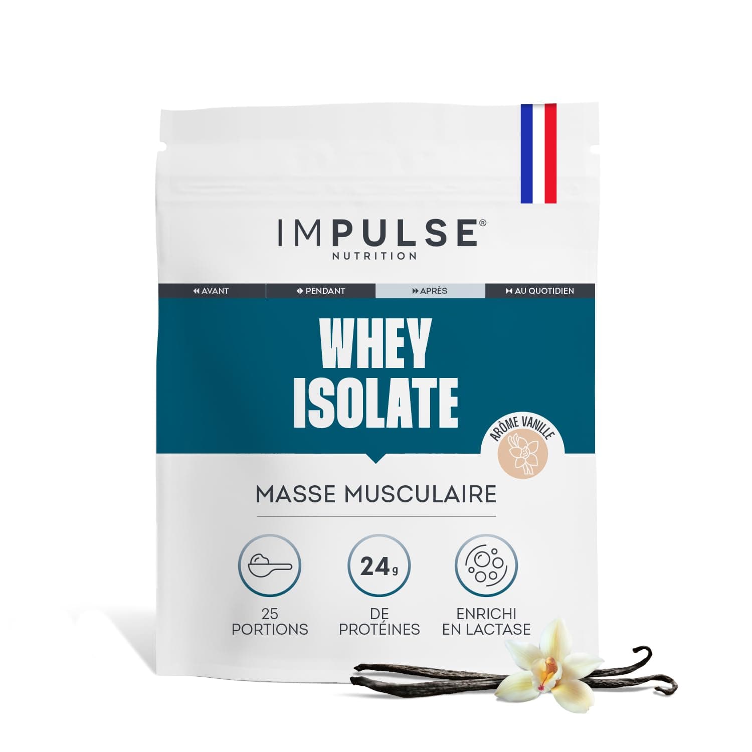 Impulse Nutrition - Whey Isolate Vanille - Protéines et BCAA - 24g Protéines/Portion - Digestion Facilitée - Faible en Sucres - Boisson Récupération - Sport et Performance - 750g - Fabriqué en France