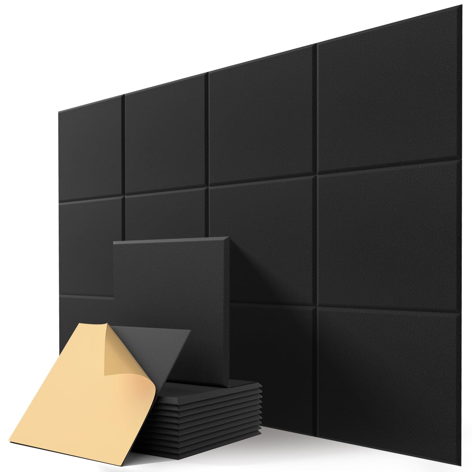 Kuchoow Paneles Acusticos Cuadrado Decorativos Pared Autoadhesivo, 12 piezas placas acustica pared y reducción de sonido eco para estudio, gamer, puerta y techo, 30 x 30 x 0,9 cm, Negro