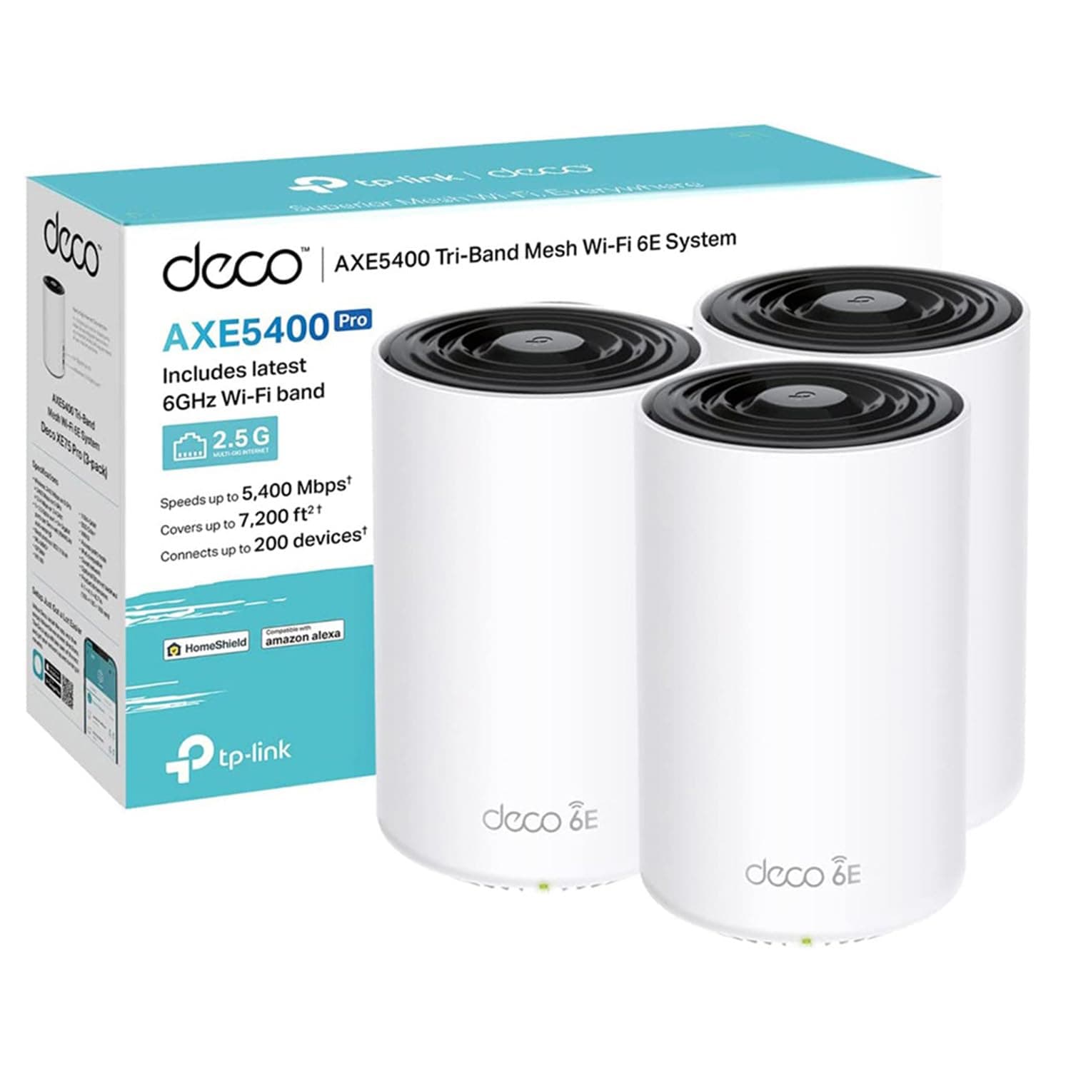 TP-Link Deco WiFi 6E Mesh AXE5400Mbps Tri-bande Deco XE75 Pro(3-pack), Couverture de 670㎡, WPA3, 1 port 2.5G, 2 ports Gigabit, idéal pour grandes maisons, Profitez au maximum de votre abonnement Fibre