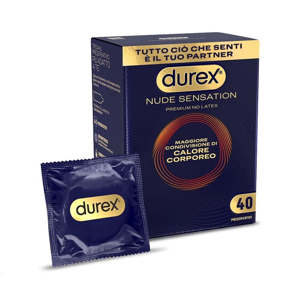 Durex Nude Sensation, Preservativi in Nitrile, Senza Lattice di Gomma Naturale, Ultra Sottili ed Extra Lubrificati, Maggiore Condivisione di Calore Corporeo, vestibilità Regular, 40 Profilattici