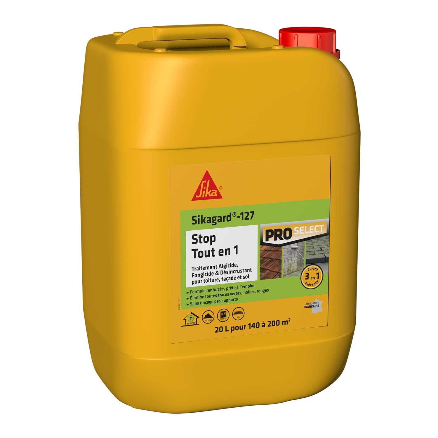 SIKA - Traitement algicide et fongicide - Sikagard 127 Stop Tout en 1 - Traitement curatif et désincrustant pour toiture, façades et sols - Prêt à l'emploi - Anti traces vertes, noires et rouges - 20L