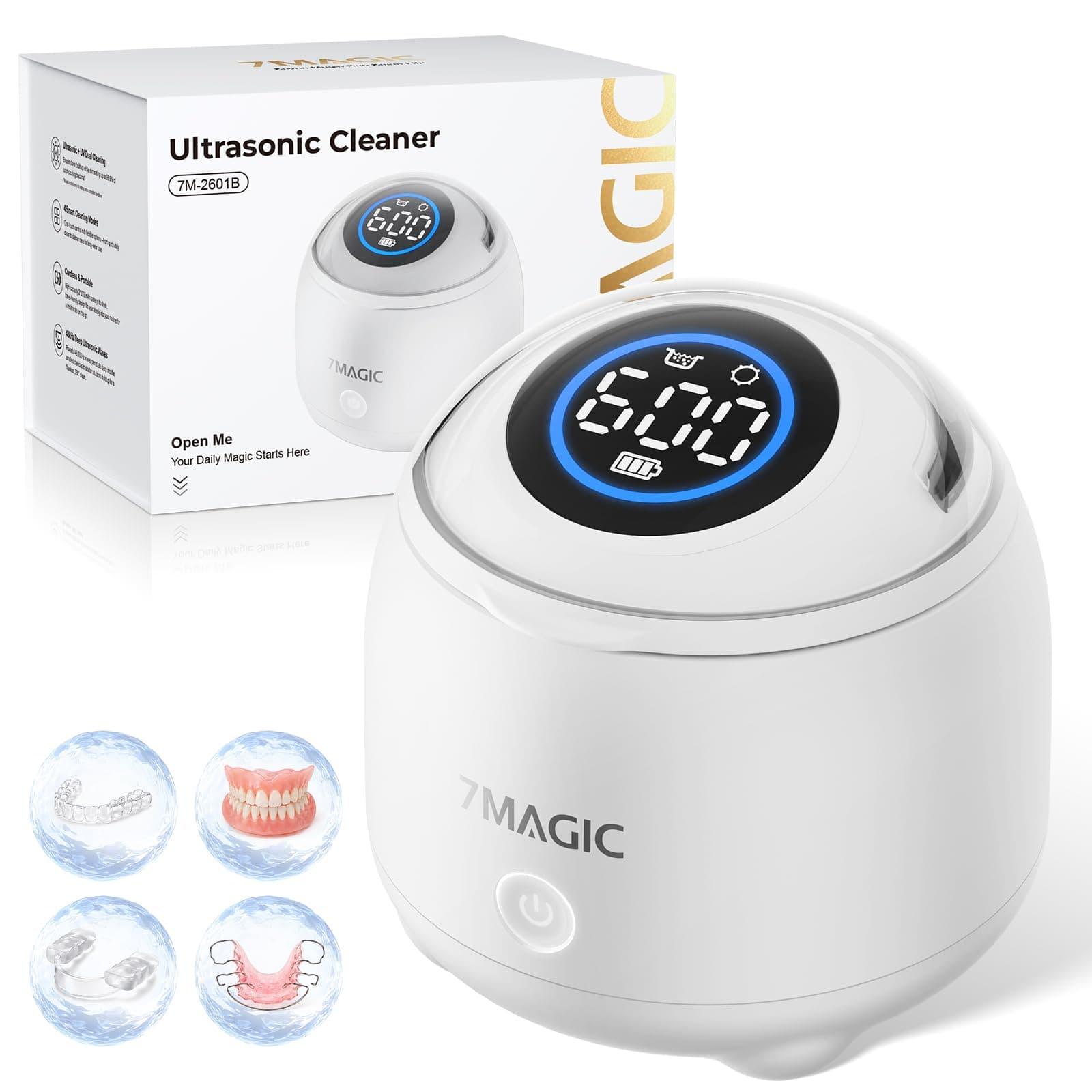 7MAGIC Pulitore ultrasuoni senza fili per bite, 48 kHz, Bianco | USB-C, fino a 14 cicli, pulitore ad ultrasuoni per bite, allineatori e protesi, a casa, in ufficio e in viaggio
