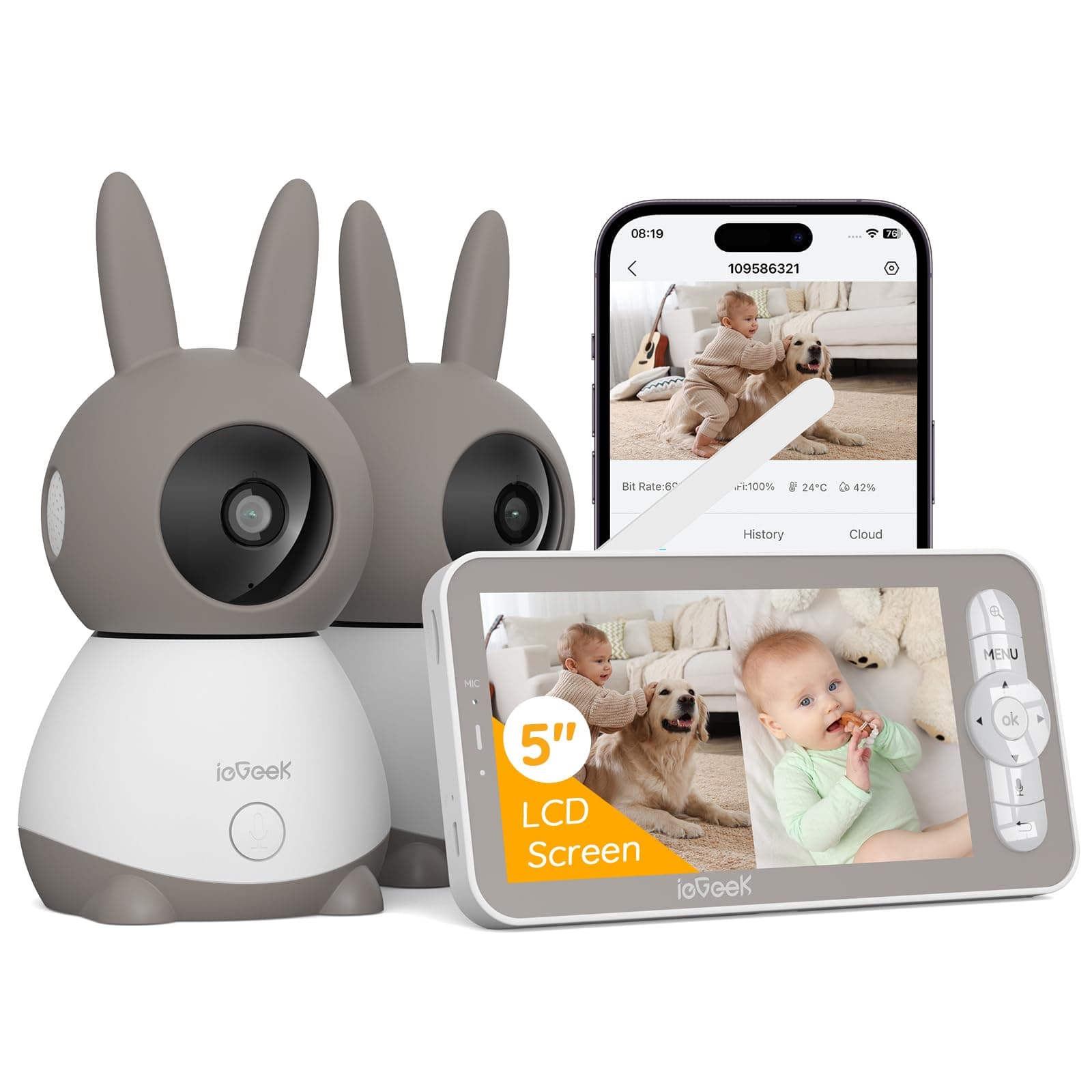 ieGeek 3MP Cámaras Vigilancia Bebé con 2 Cámaras, 1 Pantalla 5" | Pantalla Dividible, 355° PTZ Control Remoto de Móvil, Seguimiento Automático, Detección de Llanto, Audio de 2 Vías