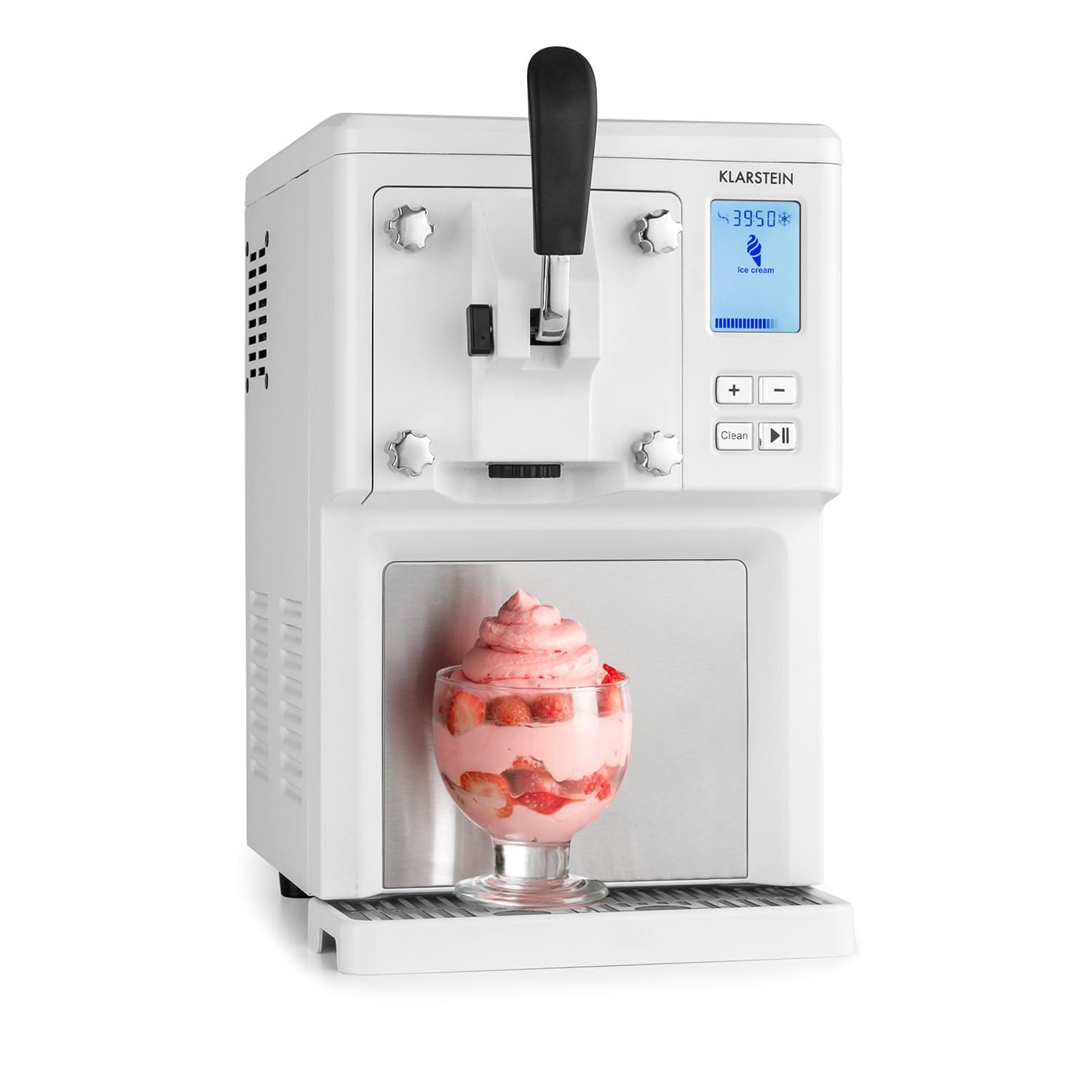 Klarstein Sweet Sundae Machine à glace italienne à compresseur – sans pré-refroidissement | Sorbetière 1,5 L, glace prête en 40 min, distributeur & nettoyage automatique, Inox, Blanc