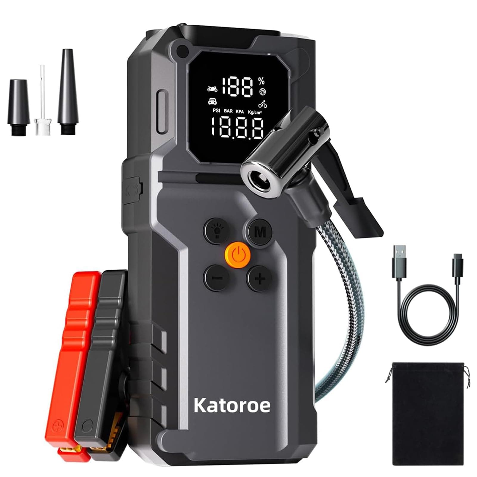 KATOROE Arrancador de Baterías de Coche con Compresor de Aire 4000A, Arrancador de Coche Portátil (9,0L Gasolina/8,0L Diésel) con Inflador 150PSI, Pantalla LCD Grande y Linterna LED