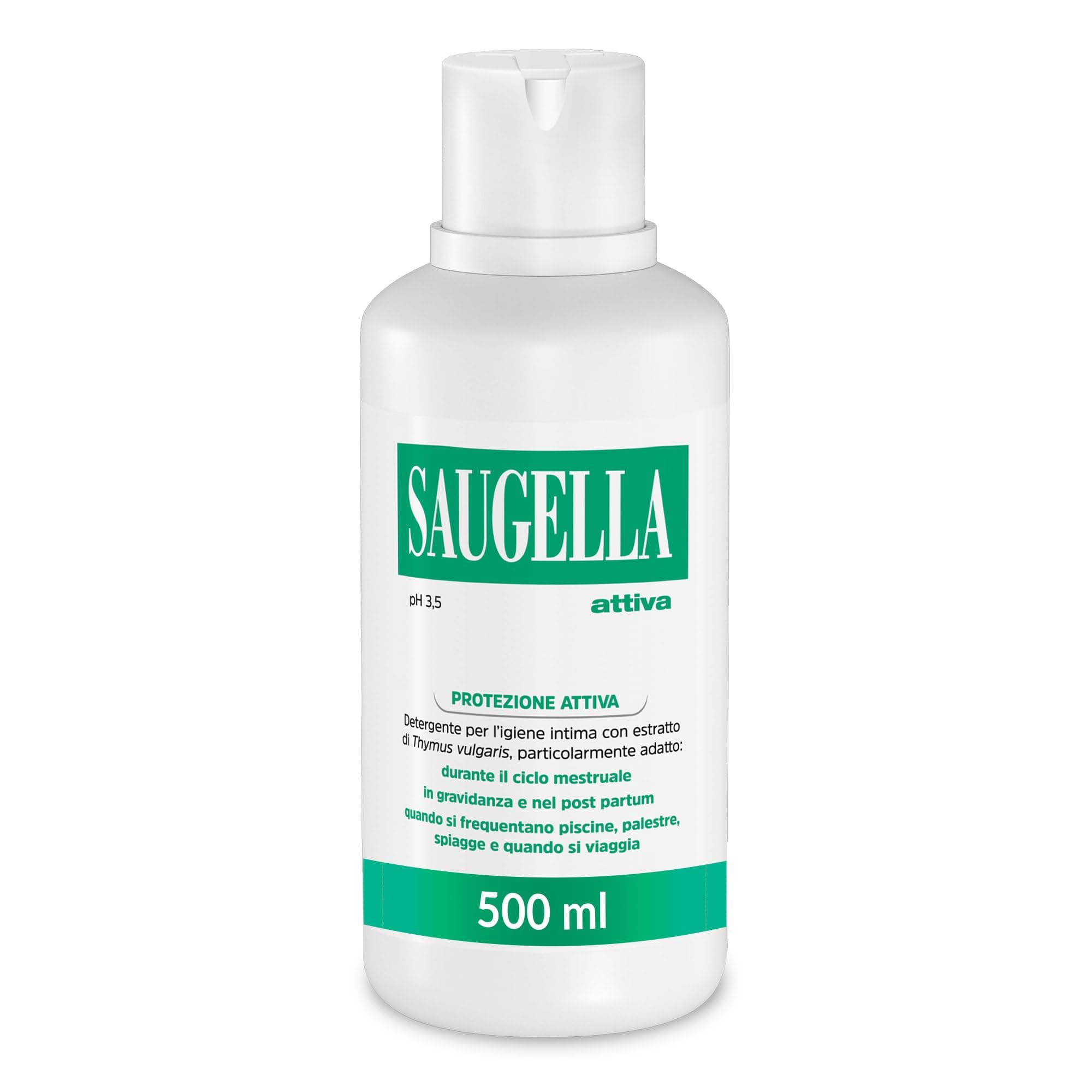 Saugella Attiva, Detergente Intimo Antibatterico, pH 3.5, con Estratto di Timo, Adatto Post Parto, in Gravidanza e Durante il Ciclo Mestruale, 500 ml