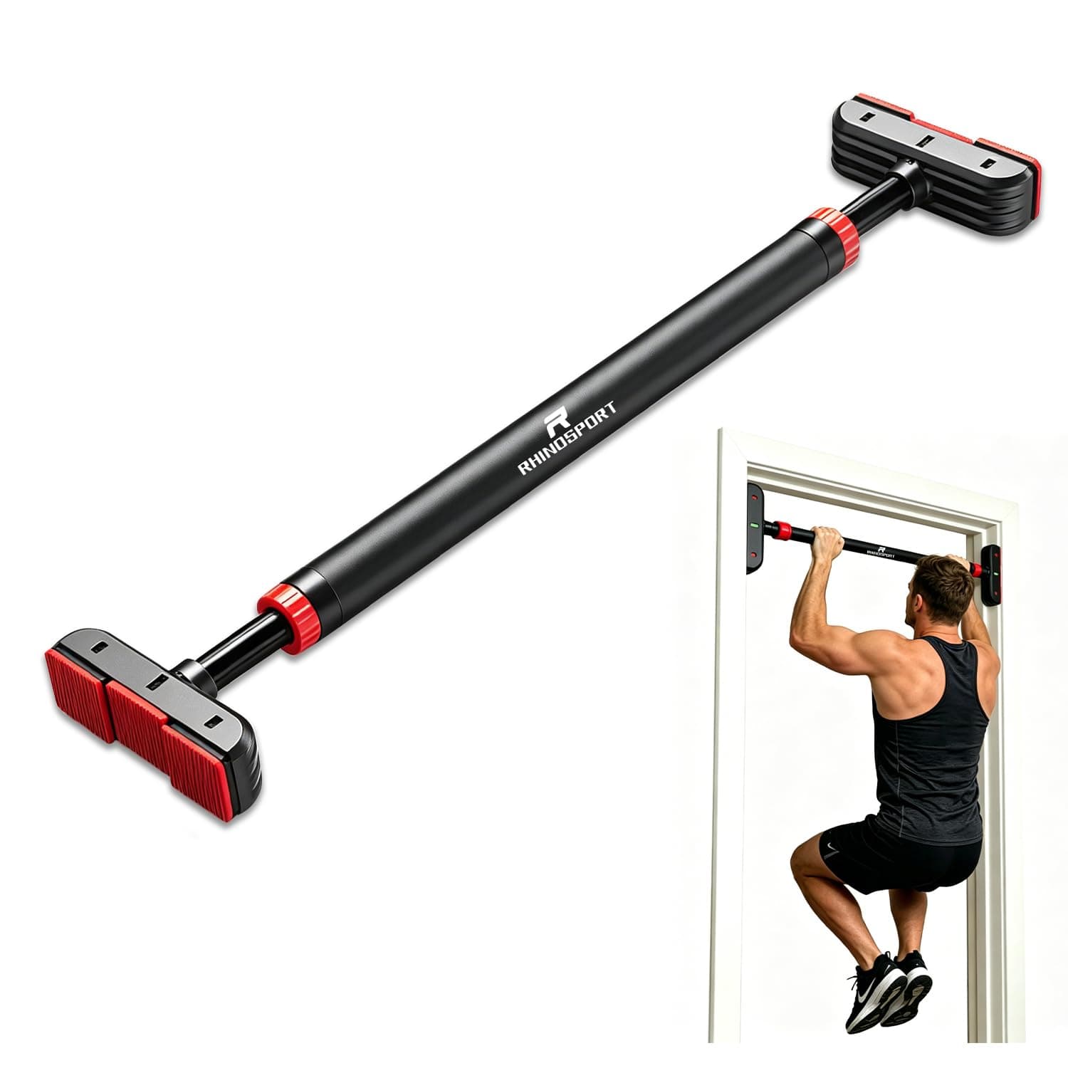 RHINOSPORT Barra de dominadas para Puerta, Barra de dominadas sin Tornillos, Marco de Puerta, bastón de Puerta para Puertas de 69 a 92 cm (27,1 en 36,2 Pulgadas) Barra Ajustable